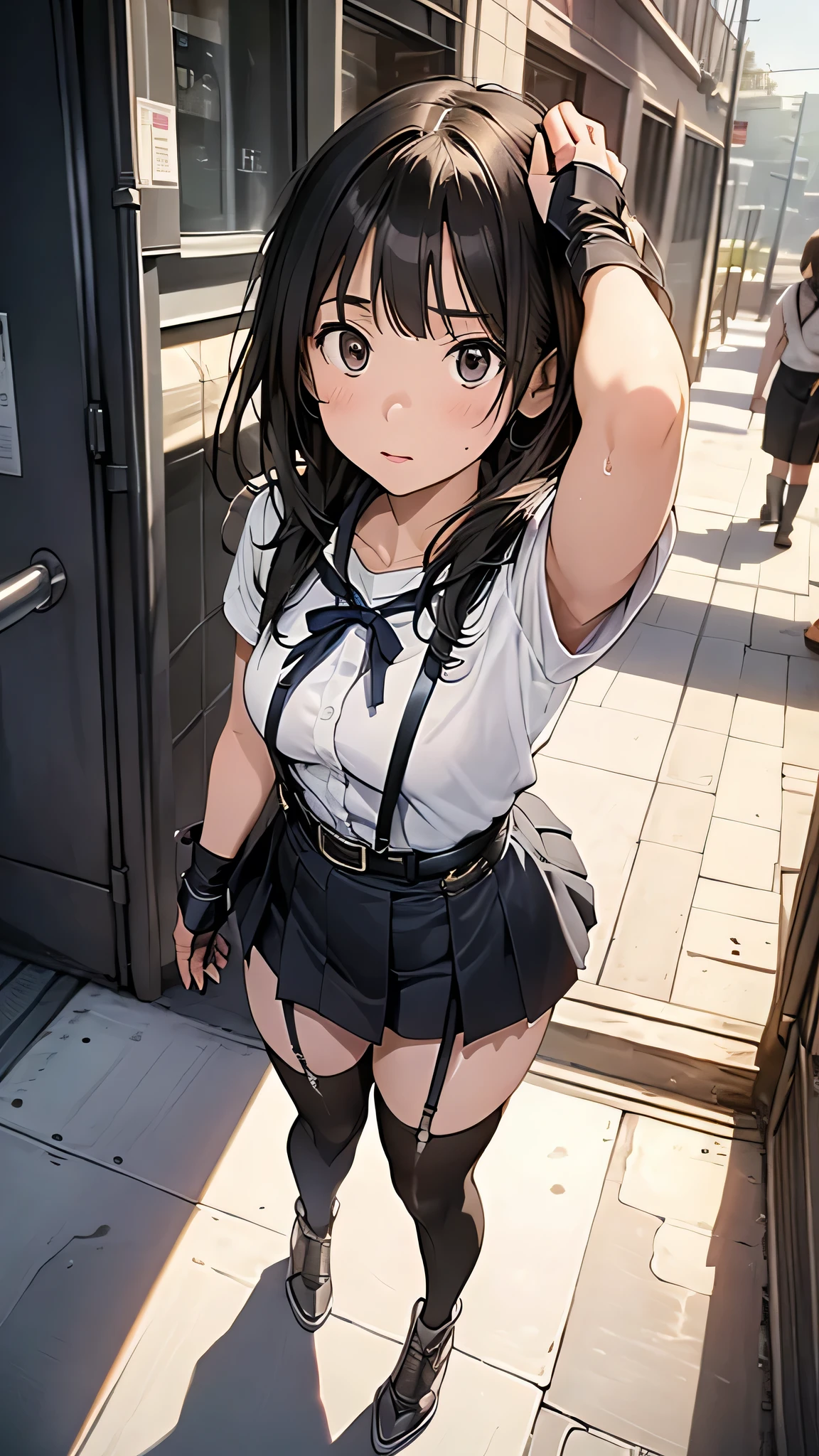 (msfw:1.3), (Realistic, photo Realistic:1.2), ((Highest quality)), Shift the center of gravity backwards, Quite embarrassing, White panties, (Showing panties:1.4),タイトskirt, (Panty shot:1.3), (skirtをまくり上げる:1.3), (Squat:1.4), (Spreading pussy:1.2), Place your heels on the ground, Spread your legs, Squat with your knees up, Attach your butt to the ground, brown penny loafers, Beautiful facial details, Real human skin, Gentle expression, Front view, angle From below, Realistic, photoRealistic, cute, skirt, Squat deep on school grounds, cute school girl, Japanの女子高生の制服, Haruka Hirose、Left 4 Dead Arcade、Japan 、Short Bob、Brown Hair、black eye、Mid-breasted、((White short sleeve shirt、Grey bow tie、グレーのチェック柄skirt、プリーツskirt、White High Socks、Brown leather shoes):1.5)、JK Uniform、Frayed uniform、cute女子高生, whole body,smile, 自然なsmile, cutesmile, 魅惑的なsmile, (Looking at the audience:1.2), from before, From below, from the front、Shirt lift、Showing off her bra
