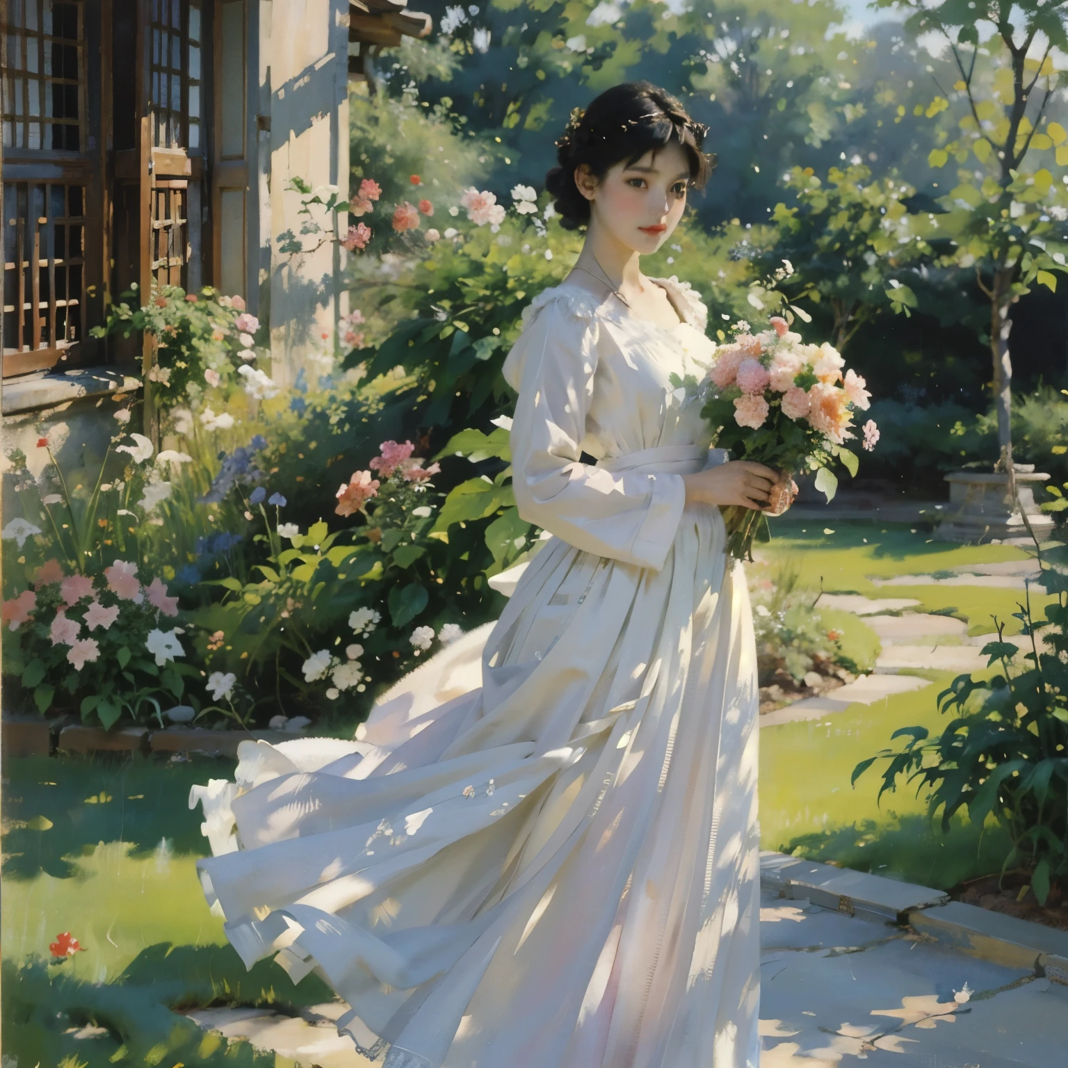 ( female 1)、18 years old、 ミディアム short hair、 black hair、 braid hair、 short hair、 Beautiful hairstyle 、 beautiful faces、 Bright Face、 beautiful skin、 White Blouse and Long Skirt 、 One Piece、 simple white dress、Natural standing posture、 whole body、 cinematic lights 、Soft light、Indoor Plant Garden 、dome、( lots of flowers )、 Garden with Dancing Petals 、 soft focus、Bokeh、 blur background 、(( Sargent style watercolor))、( anime art)、( best quality 、Masterpiece、 high resolution)、