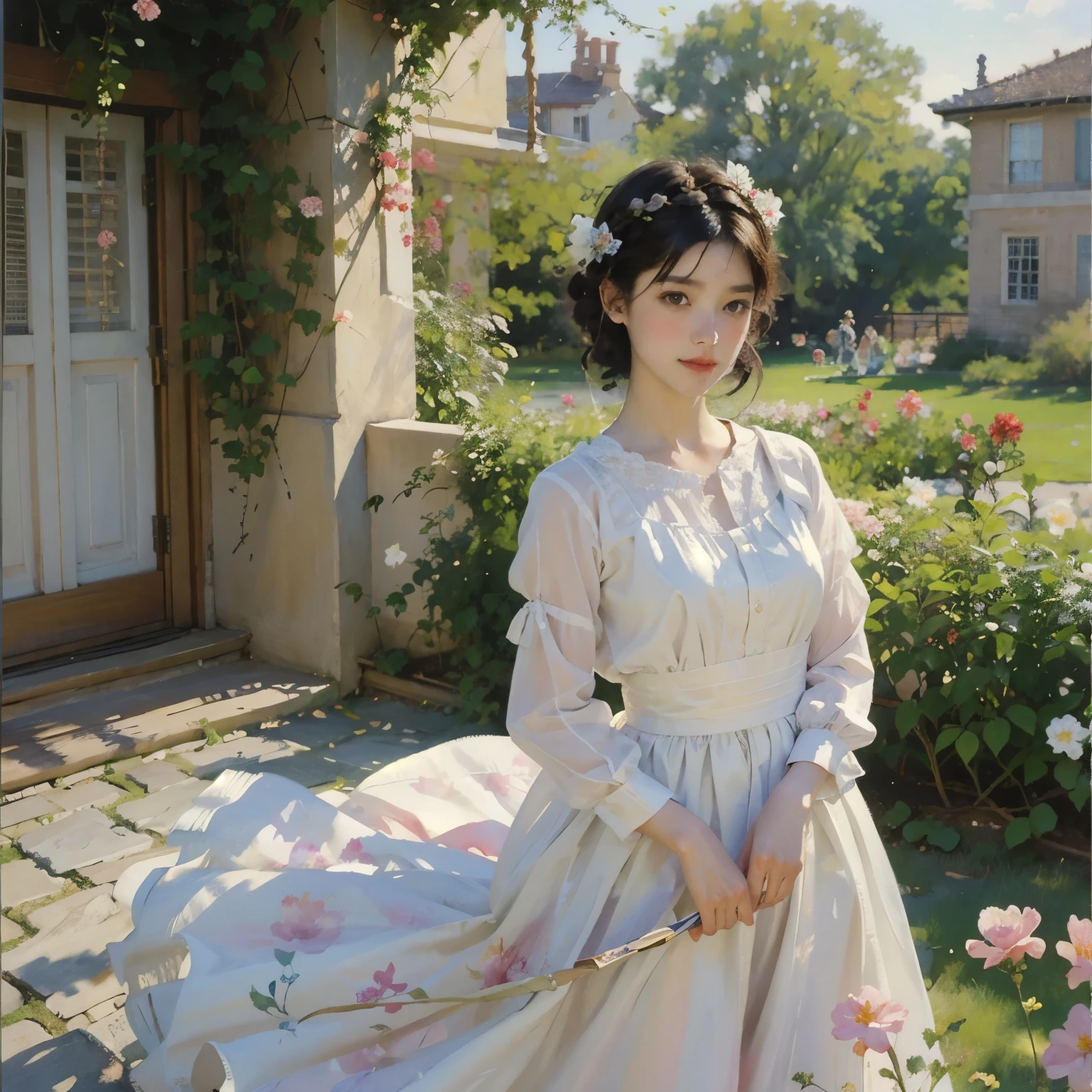 ( female 1)、18 years old、 ミディアム short hair、 black hair、 braid hair、 short hair、 Beautiful hairstyle 、 beautiful faces、 Bright Face、 beautiful skin、 White Blouse and Long Skirt 、 One Piece、 simple white dress、Natural standing posture、 whole body、 cinematic lights 、Soft light、Indoor Plant Garden 、dome、( lots of flowers )、 Garden with Dancing Petals 、 soft focus、Bokeh、 blur background 、(( Sargent style watercolor))、( anime art)、( best quality 、Masterpiece、 high resolution)、