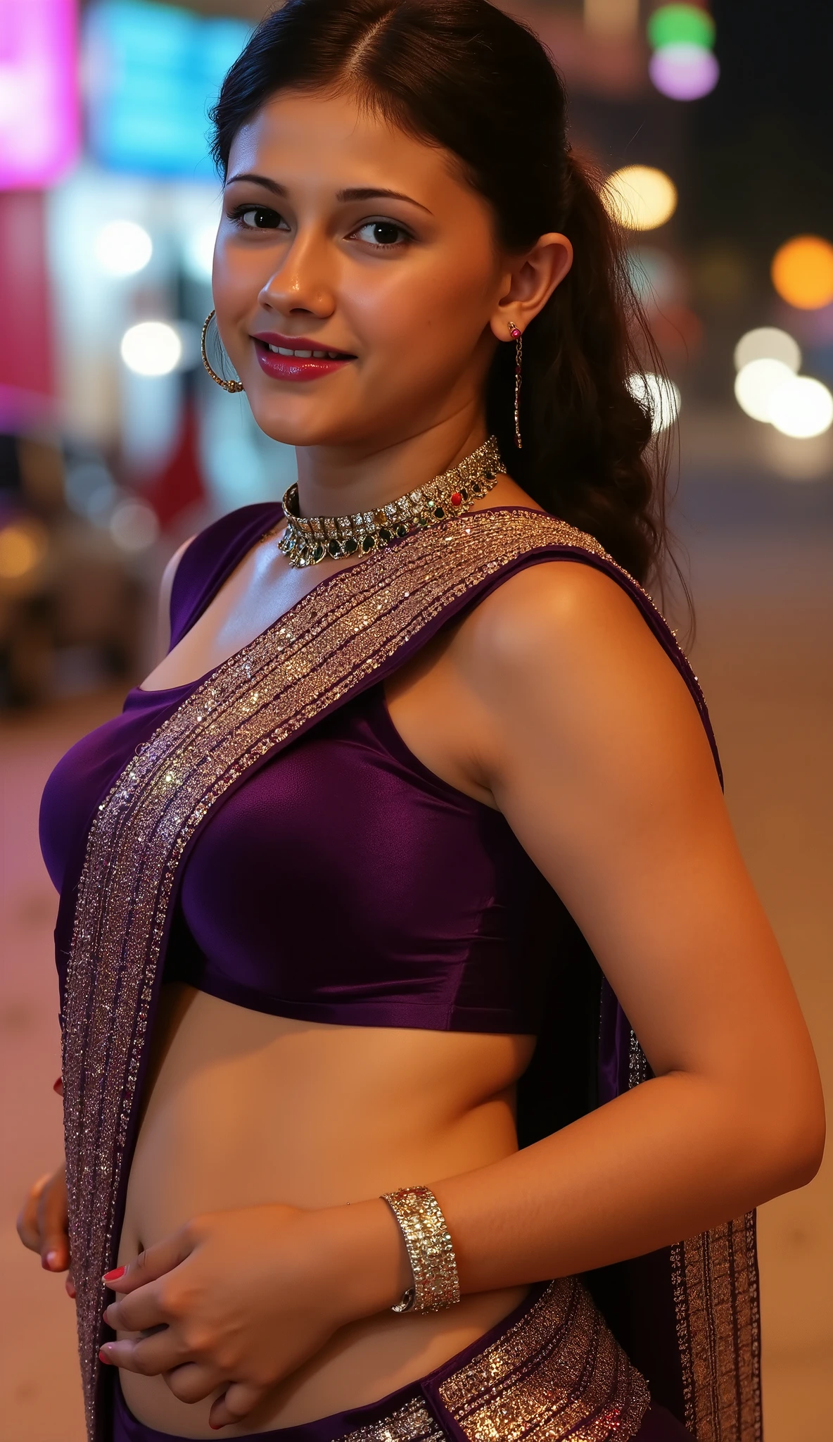 A realistic stylish long black hair indian woman walks down on a night bar street inside pattaya. Beautiful cute thick thighs and a curvy waist, wearing a beautiful Indian dress, ((low waist)),, (( beautiful Indian dress)) , bindi on forehead, highly detailed, depth of field, cinematic lighting, intricate, ((26yo, gorgeous face, model, makeup)), gorgeous Indian woman in outdoor wearing blouse, fair skin, makeup, curvy, tall, hourglass figure, seductive , ((looking at left)), jewelry, black hair, ((big :1.0)), ((wide hips:1.1)), full figured, seductive, photorealism, hyper realistic, full face Blush, ((seductive face)) , curly hair, ((ponytail)), (Super big breasts)))), ((Plump figure)), ((Ample breasts)), (Hair Details), (Facial details) explanation), (detailed explanation of body), Fair and translucent skin, Unparalleled beauty, Long legs, ( lace underwear), (stockings), (ruby necklace)), (Mature royal sisters), (Red lips), (touch), ( shy), To the audience, (((In a dark cave)), sexy, ((Pause_random))、masterpiece, high quality, high quality, High resolution, (full body portrait)、View from front、seductive smile, , best quality, (((masterpiece))), high quality, realist, best detailed, details, realist skin, skin detailed, underboobs, beautiful posing under a fairy tale of exotic magic,lehenga choli,. She wears sunglasses and red lipstick. She walks confidently and casually. Many pedestrians walk about. camera shot from left to right