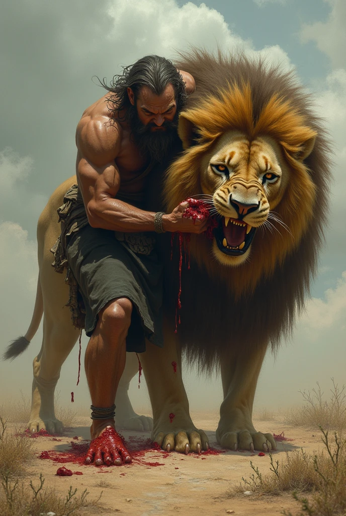 muscular young man brutally eats lion carcass