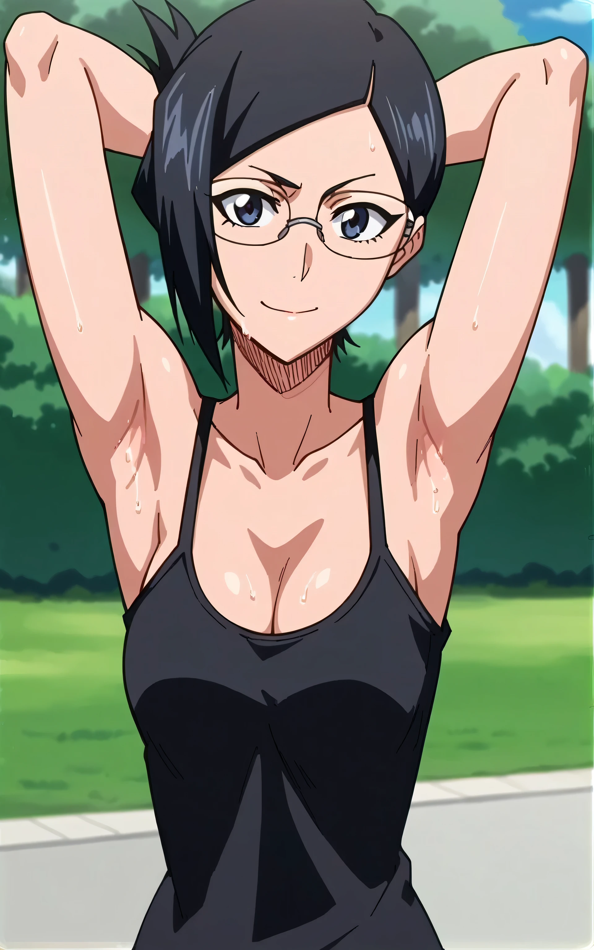 masterpiece, highres, solo, 8k, detailed, perfect face, best quality, (ultra high quality), (looking at viewers), (armpit), collarbone, bare arms, big breast, cleavage, green hair, long hair, ponytail hair, bangs, black eyes, belly, stomach, navel, abs, glasses, sarashi chest, bandaged breast, white bandage, (dark blue hakama), slim body, upper body, smile, at forest, hand up
