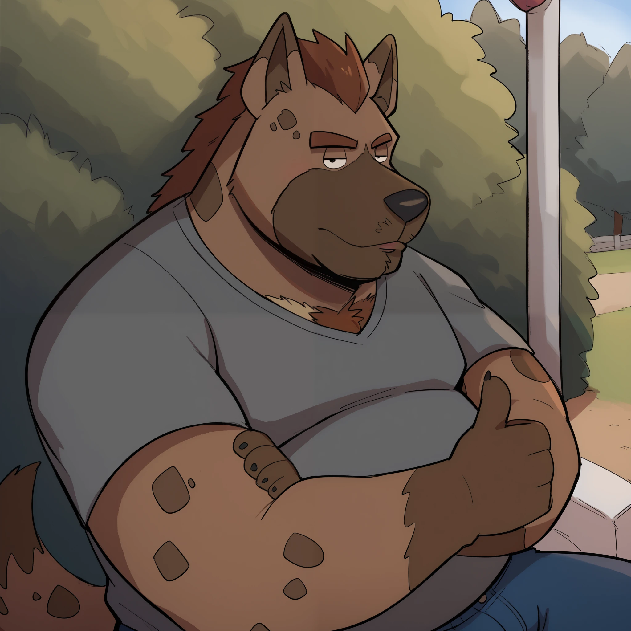  1 boy , score_9, score_8_up, score_7_up, score_6_up,  detailed background, One,  cartoon, 2D,  anthropomorphic hyena , male, round,  wide build , big life, thick arms, overweight, thick, life, fat, spotted wool, brown body/wool, two tone wool,  reddish-brown fluffy mane, spotted tail ,  thick reddish-brown eyebrows ,  pointy ears , short ears, spotted body/wool,  large eyes ,  black eyes , dot eyes, claws, mobs, large areolas, claws on feet, reddish-brown chest wool,  rating_ safe,  cozy atmosphere, shadows,  denim shorts, gray T-shirt, outside, Park,  kneeling , trees, relaxed, lying back ,  looks at viewer , ((upper body,  half body )), ((male focus, close up)), a thumbs up