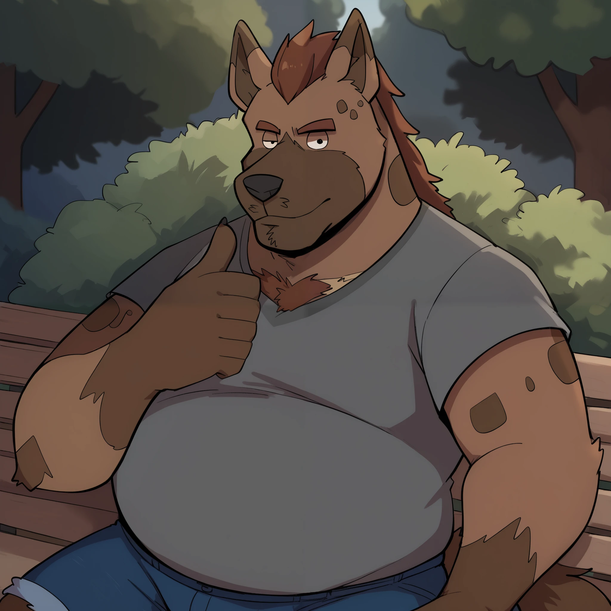 1 boy , score_9, score_8_up, score_7_up, score_6_up, detailed background, One, cartoon, 2D, anthropomorphic hyena , male, round, wide build , big life, thick arms, overweight, thick, life, fat, spotted wool, brown body/wool, two tone wool, reddish-brown fluffy mane, spotted tail , thick reddish-brown eyebrows , pointy ears , short ears, spotted body/wool, large eyes , black eyes , dot eyes, claws, mobs, large areolas, claws on feet, reddish-brown chest wool, rating_ safe, cozy atmosphere, shadows, denim shorts, gray T-shirt, outside, Park, kneeling , trees, relaxed, lying back , looks at viewer , ((upper body, half body )), ((male focus, close up)), a thumbs up