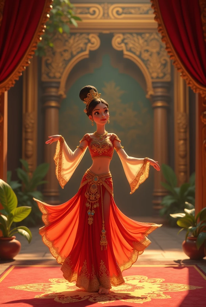 A skinny thin goddess (apsara) with beauti full delicate face red lips whiten skin with thin skinny arms, thin skinny long legs and thin waist with big breasts dressed as apsara ,very deep neck dress with jewelleries, standing a seductive pose with seductive expression