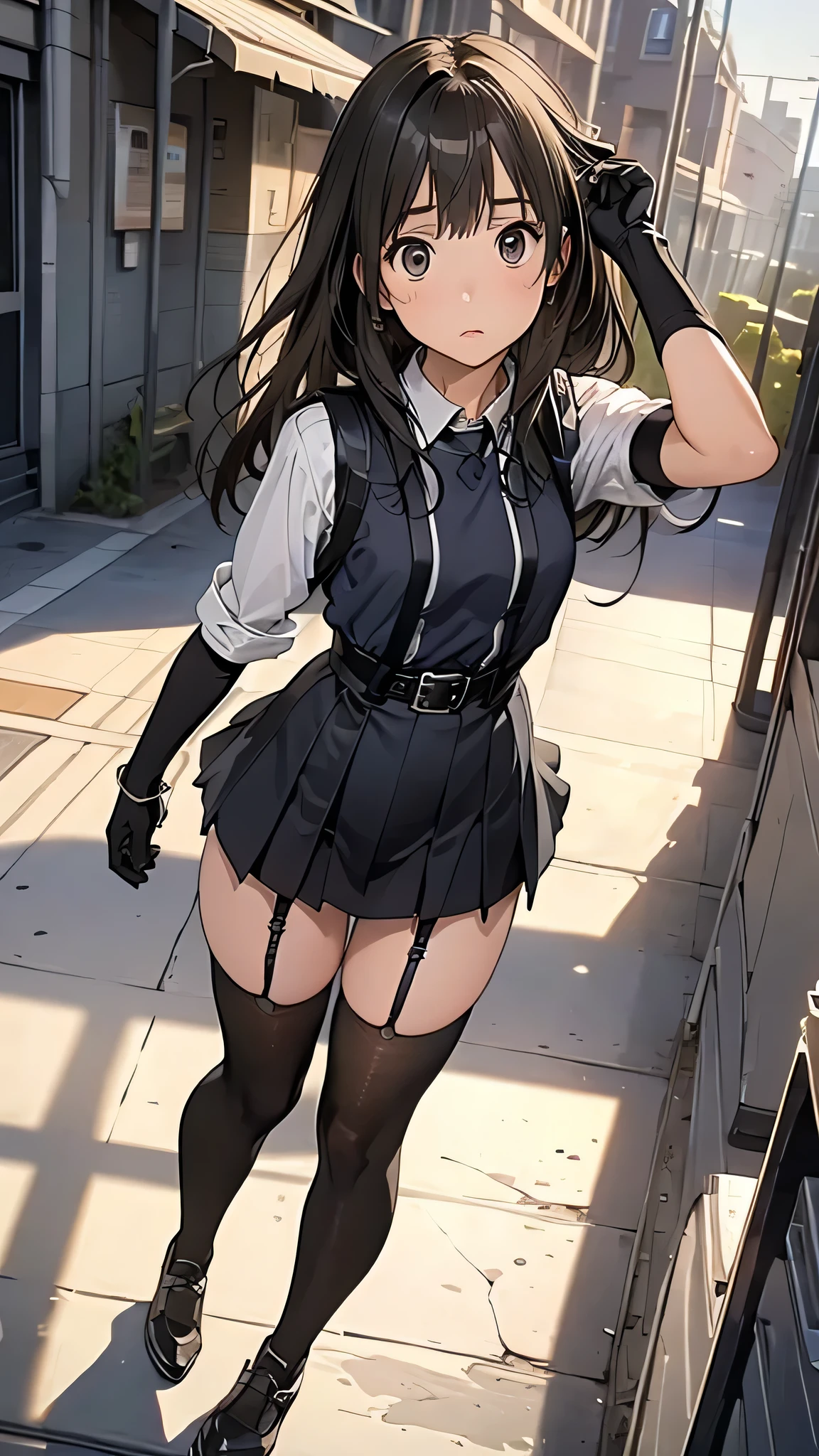 high quality, masterpiece, Ultra-high resolution, (Realism: 1.4), Oil painting style, Cinema Lighting, , I stood on the empty asphalt road and looked at it.., And suspenders with flying cranes Large Small face holster Lying in bed look up Sweat belt buzzer 脇Sweat Black Hole Gloves suit mini skirt garterbelt Leg Links Belt on trousers holster fold your hands behind your back Anxious expression look up Anxious face Knee-length Knee socks Knee-length socks garter belt garter Garterbelt on thighs, hands behind back Constraints handcuffs Cable ties Cable ties on thumbs