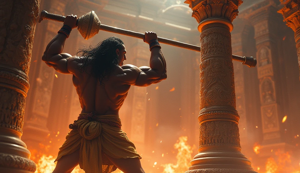 The Pandavas and Kauravas are playing games in a large courtyard. Bhima effortlessly wins against the Kauravas, making them tired and hungry.