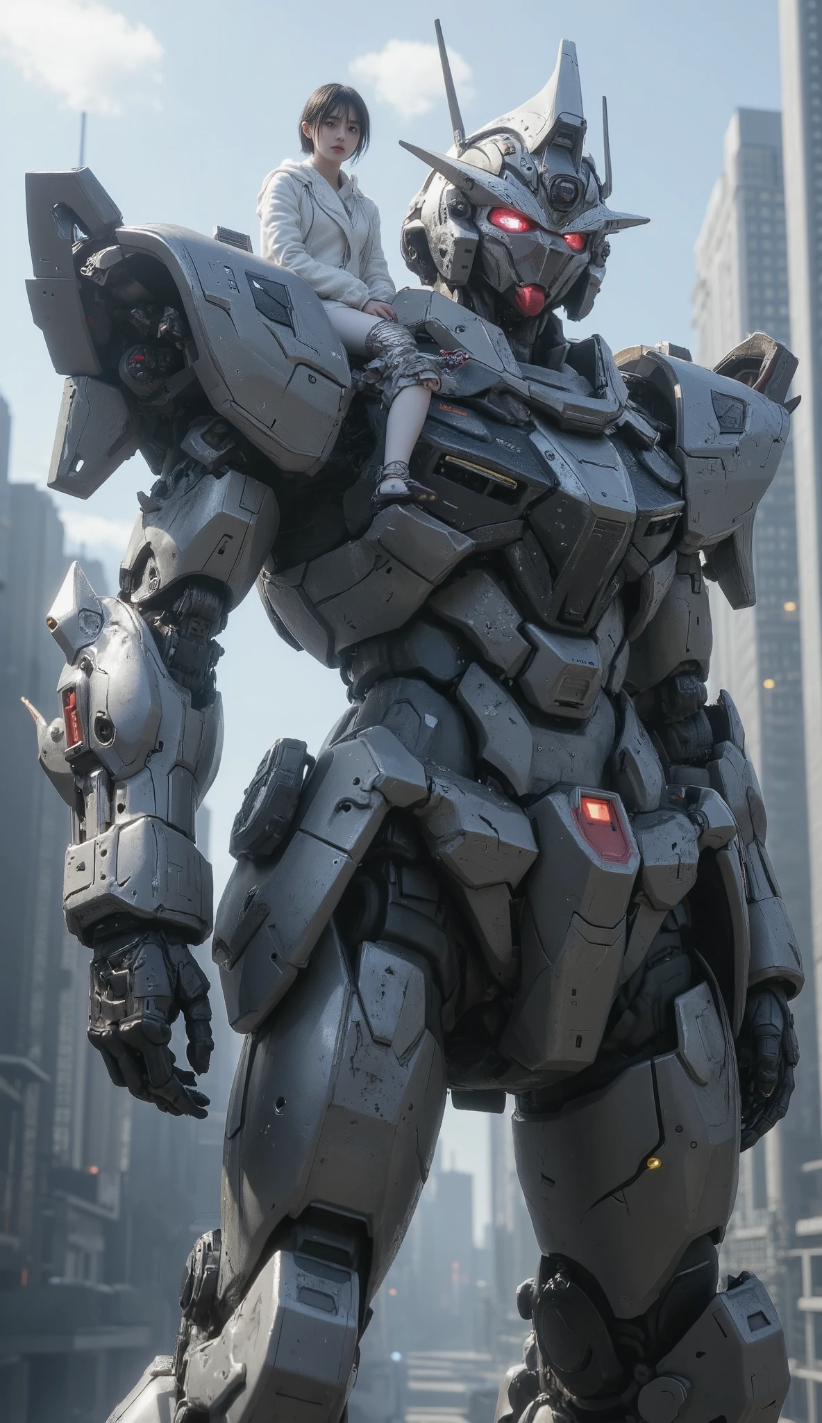 0ORAISER photo,Professional RAW color photos,(Solo man stands in front of Mobile Suit),Up,Up to detail,machine armor,Cockpit,(Armor dress),armature,thrusters,Head unit,Jointl,city ruins,detail on the backdrop,Top view angle,(Huge feeling)
