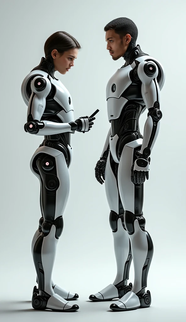 A gaint 3d robot standing straight and pointing index finger to camera.