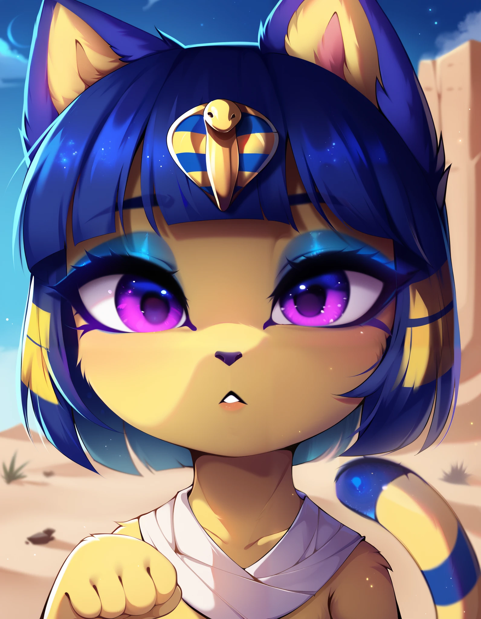 score_9, score_8_up, score_7_up, shadowillstyle, depth of field, 1girl, furry, ankha \(animal crossing\), expressionless, eye reflection, yellow background, yellow theme, blue background, desert, spiral eyes, purple eyes, glowing eyes, wide-eyed, paw pose, looking at viewer, close-up, parted lips, magnaluna