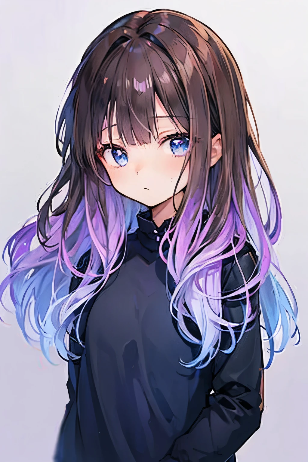 Ombré hair dark brown down to purple. Dark blue eyes. Dark purple shirt.
