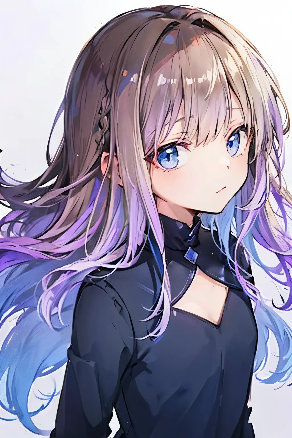 Ombré hair dark brown down to purple. Dark blue eyes. Dark purple shirt.