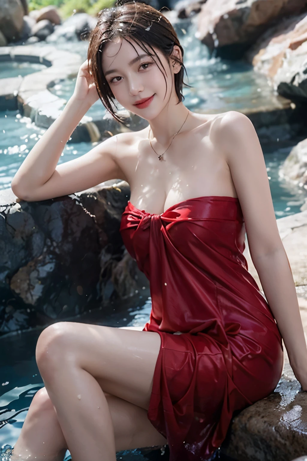 (Extremely meticulous CG),(((8k))),wallpaper,((Extremely refined and beautiful)),(((Masterpiece))),(((best qualtiy))),(((Ultra High Resolution))),beautiful light up,Perfect lightning,realistic shaded,(Smooth and flawless fair skin:1.5),Extremely exquisite facial details,ultra-detailed,1 girl,solo,(bun hair:1.2),(small head:1.2),(small face:1.2),Exquisite makeup,(shiny skin:1.5),(happy:1.2),(laughing:1.2),(perfect body:1.1),(small breasts:1.2),(flat chest:1.2),((slim,thin)),slender legs,(from front:1.2),(upper body:1.3),(cinematric light:1.2),(lace,see through),(gorgeous red Hanfu dress:1.5),(underwear:1.2),(Sweat:1.5),(wet:1.3),(((outdoor))),Chinese Palace,(bathing at hot onsen:1.3),(arms behind back:1.3),hot steam,incredibly ridiculous,incredibly fine illustrations,In a Chinese courtyard,((hide invisible body with the reflection of hot water)), ((soaking up to the shoulders)),steaming ,((whole body below the neck soaking in hot water)),snow scape