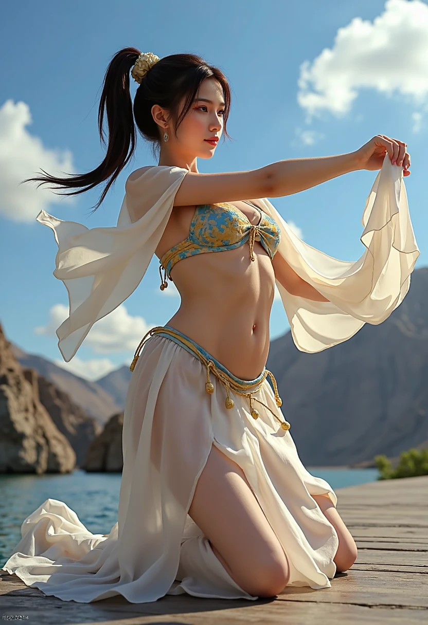 best quality, 8k, highly detailed face and skin texture, high resolution, big tits chinese girl in dunhuang costume dancing in desert, full body, sharp focus