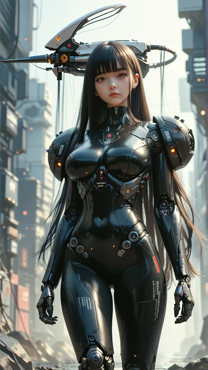 ((Battle scene)), city view, ((Robot body)), (( girl)), Angry Face, BDSM, slave, Rubber, Black Corset, Bondage, Collar, NSFW, ((Best Quality, 8k, Masterpiece:1.3))), Crisp Focus: 1.2, (Layer Cut, Big:1.2), Beautiful Woman with Perfect Figure: 1.4, Slender Abs:1.2, Highly Detailed Face and Skin Texture, Detailed Eyes, Double Eyelids, Long Hair