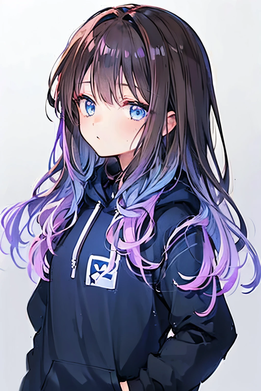 Girl. Ombré hair dark brown down to dark purple. Dark blue eyes. Dark purple hoodie, hood down.