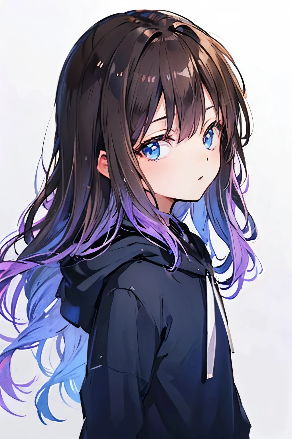 Girl. Ombré hair dark brown down to dark purple. Dark blue eyes. Dark purple hoodie, hood down.