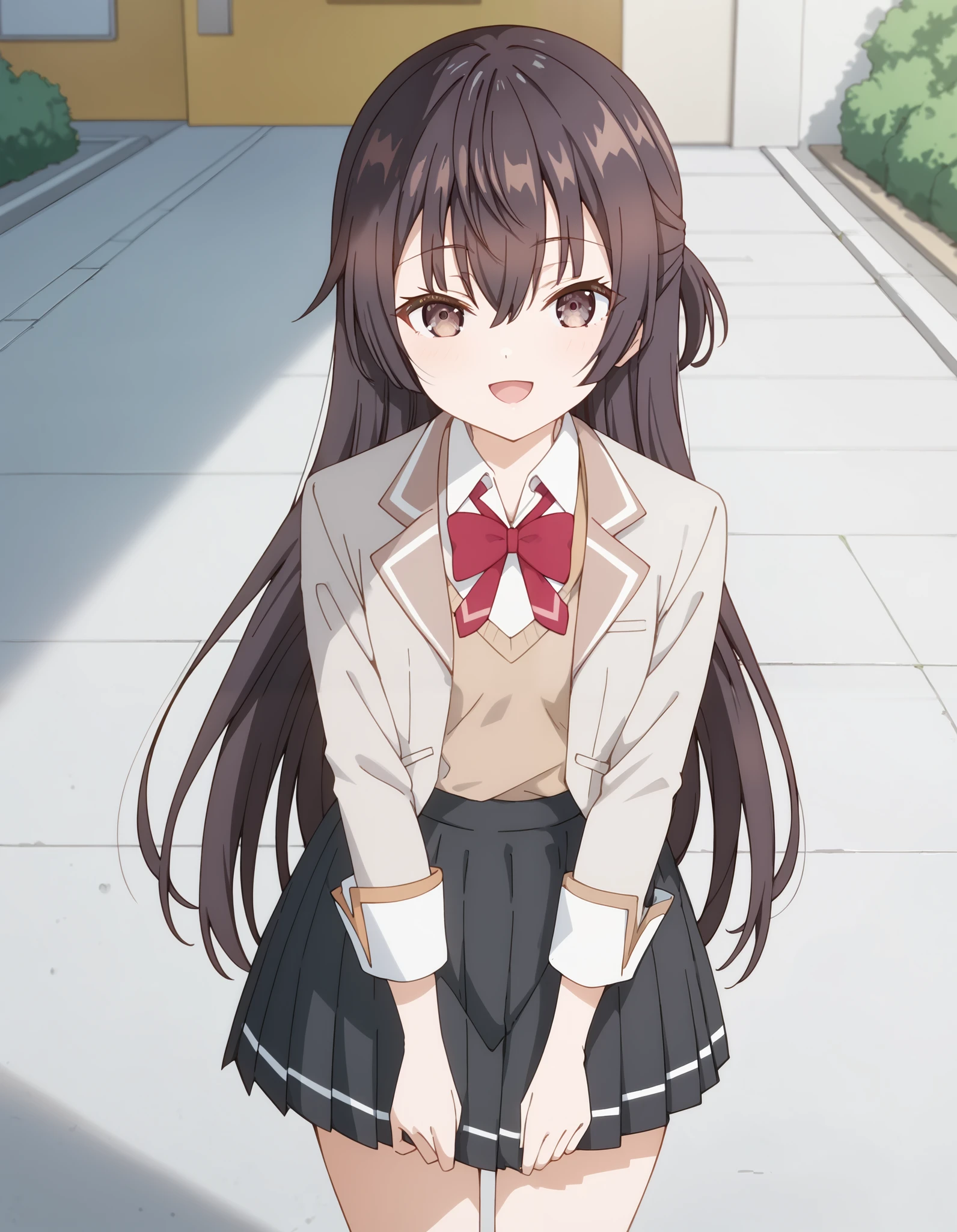 Masterpiece, hd, best quality, 1girl, opened mouth, long hair, updo, Yuki suou, brown hair, hair between eyes, brown eyes, school uniform, grey jacket, long sleeves, open jacket, buttons, white shirt, collared shirt, red bowtie, brown sweater vest, black skirt, outdoor, smile, standing, cowboy shot, potrait, mesugaki