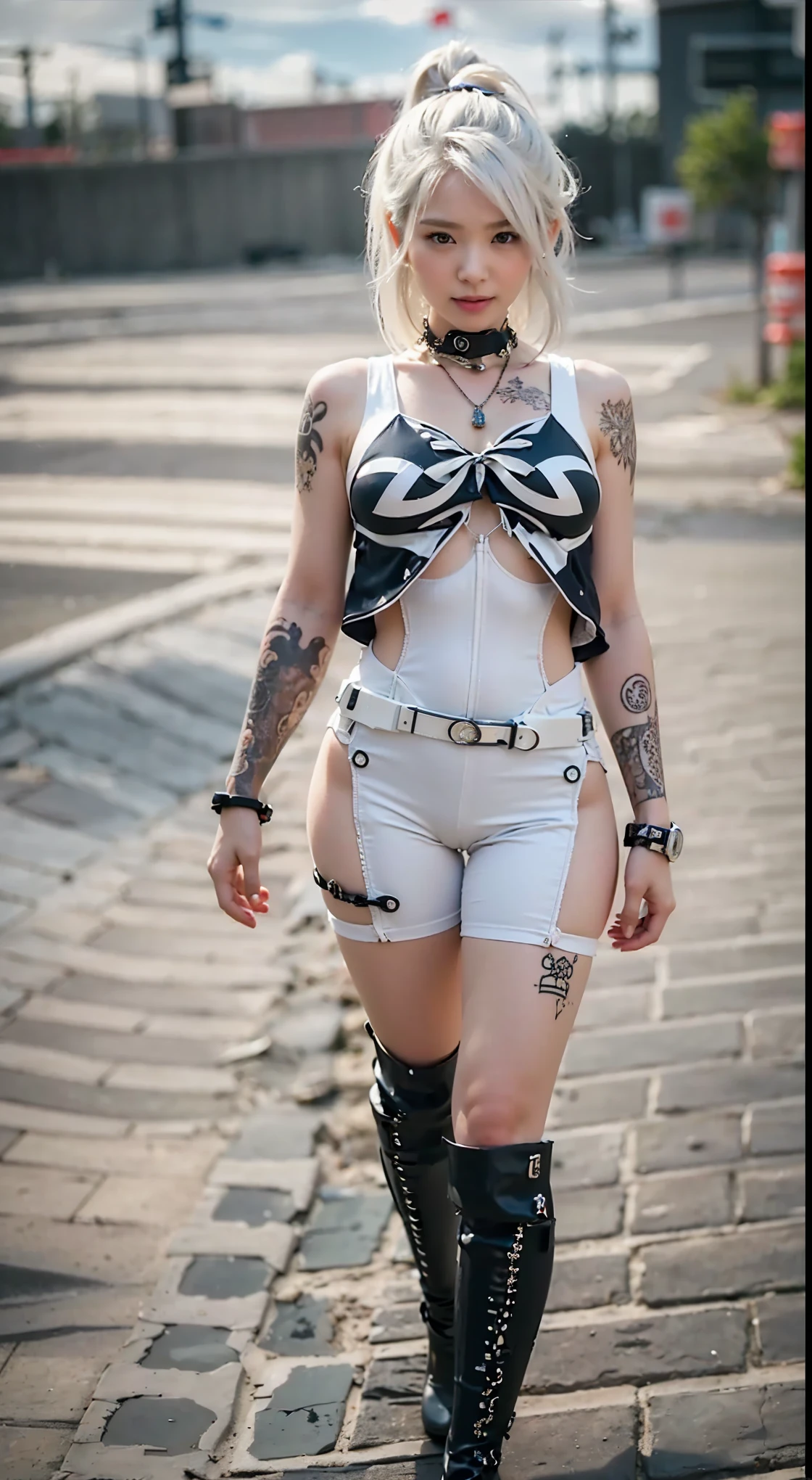 There's a sexzy blonde 1woman with a steam-powered dusky skin, with big ,Royal look, long hair,arte conceitual street punk, sexzy full body view top to bottom, bend down back view, lower breast, lower belly, background,arte street punk digital, arte street punk urban city area, Wojtek FUS, arte digital steampunk, detailed wild steampunk illustration, Portrait of a gold and copper chained woman, arte street punk, estilo de arte dieselpunk, cyberpunk street punk, estilo de fantasia street punk, Arte digital altamente detalhada em 4k, sci-fi street punk, high defination face, high defination eyes, realstic eyes