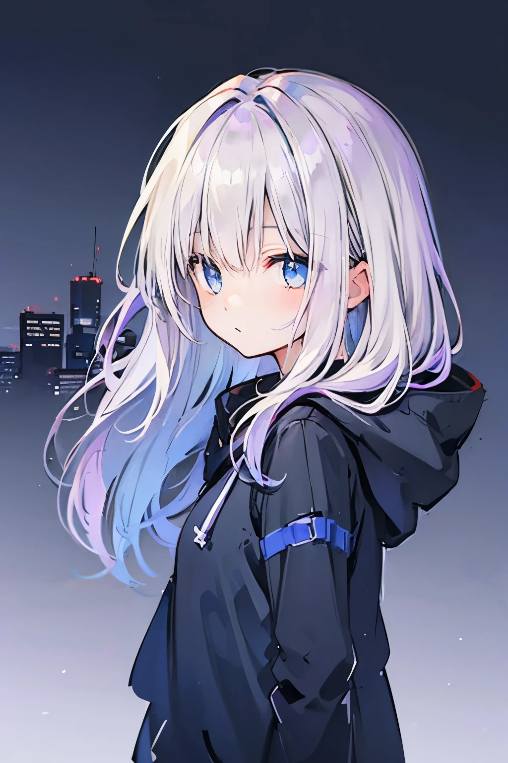 Girl. Ombré hair dark brown down to dark purple. Dark blue eyes. Dark purple hoodie, hood down. Night time city background.