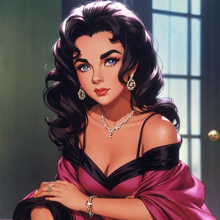 Busty 21-year-old slim brunette teenager girl with disproportionately giant breasts . Self-confident. She has a seductive look and sexy smile. She seduces with her look. Black curly long hair, hoop earrings, red lipstick. Enormous breasts . With gold necklace with diamonds. presumptuous and arrogant. She whears a diamond crown. She is at the top of a staircase with a red carpet at the door of a palace. She is weariNg a long wool red and gold dress and a long white jacket
