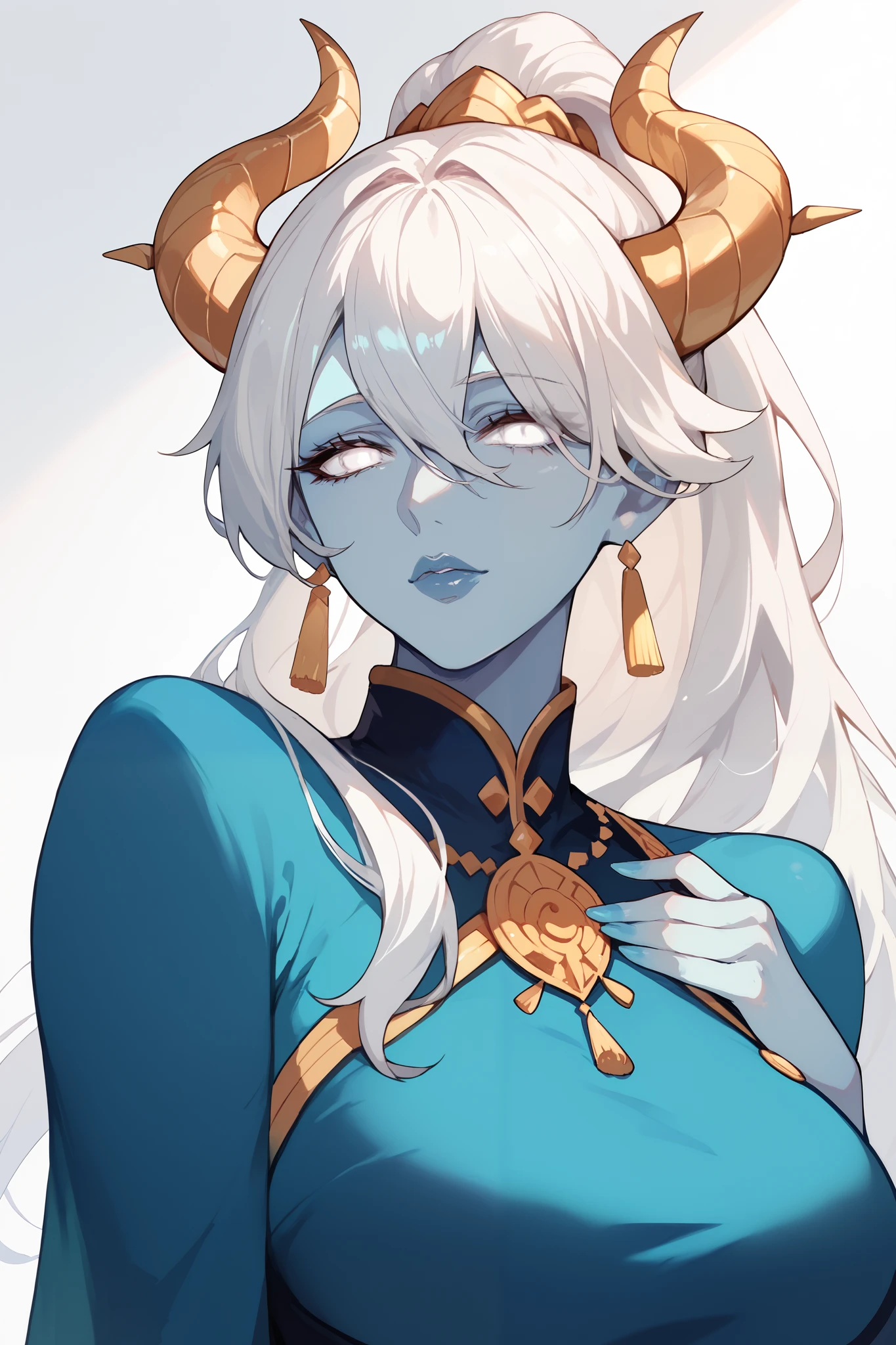 Mature Woman, blue skin, long hair, white hair, bangs, hair covering the eyes, golden horns,Ponytail,Hair jewelry, anime style,White eyes ,Aqua blue dress,