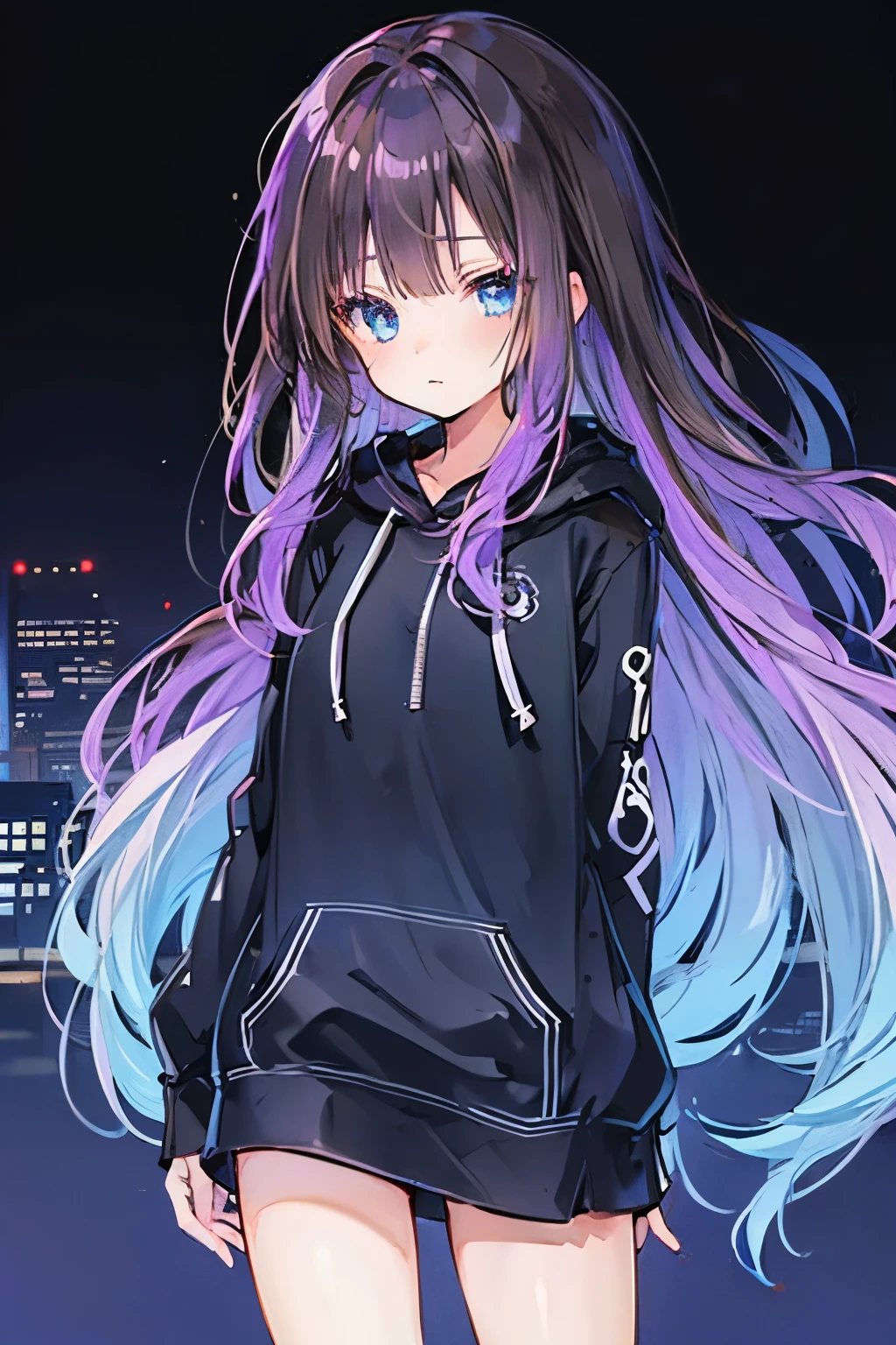 Girl. Ombré hair dark brown down to dark purple. Dark blue eyes. Dark purple hoodie, hood down. Nighttime city background.