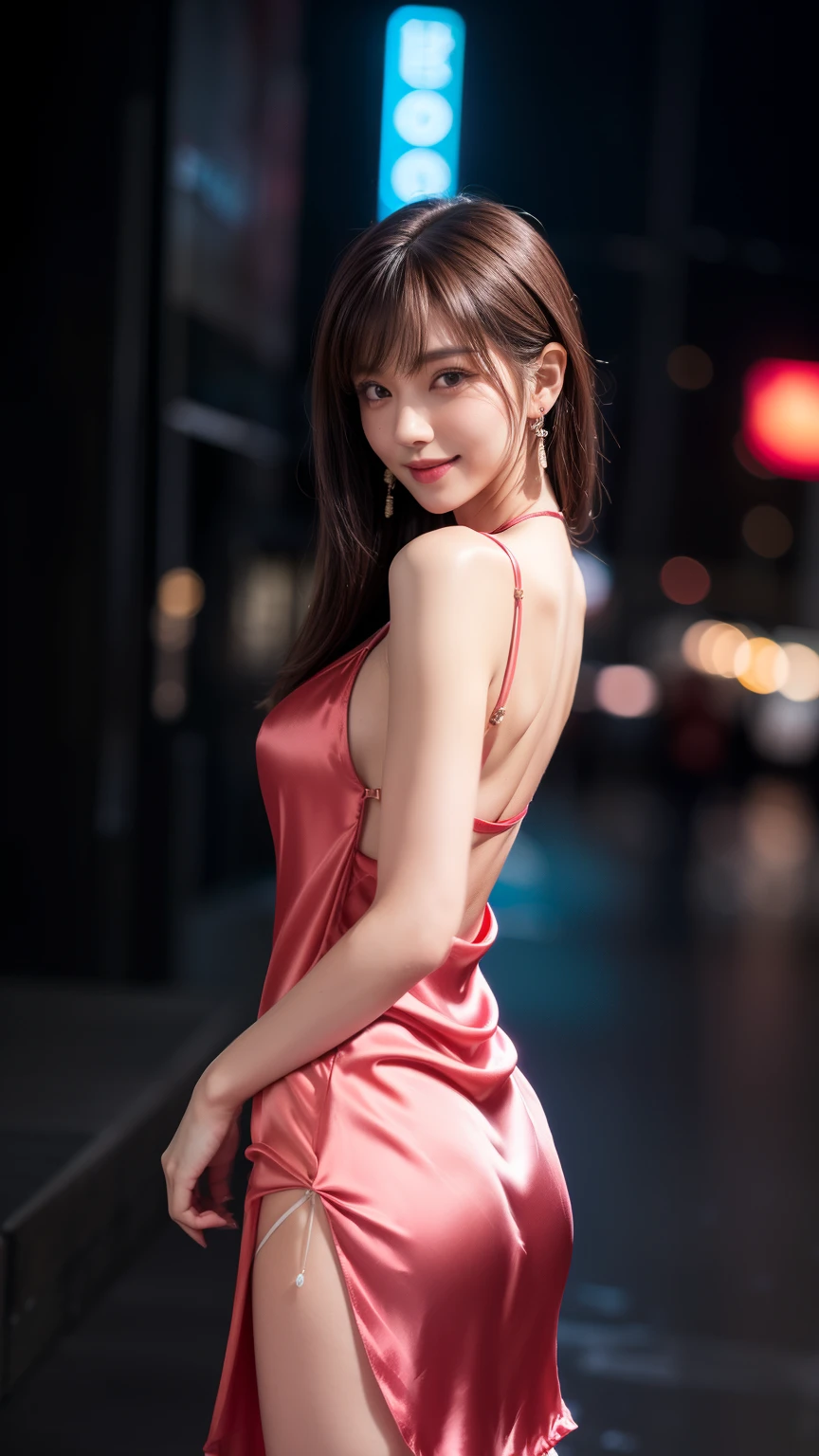 8K, Masterpiece, RAW photo, Best quality, detail:1.2),Photorealistic, Extremely detailed CG unifies 8K wallpapers, Depth of field, Cinematic light, Lens flare, Ray tracing, (Extremely beautiful face, Beautiful lips, Beautiful eyes), intricate detail face, ((ultra detailed skin)) 1girll, In the dark, deepshadow, Pretty Korean girl, Kpop idol,(Very slim and slender muscular body:1.3), ((view the viewer)),(Big smile), (Skinny mini mini dress),(Pink dress), (Injection sleeve) , (City Night, (neon lights sign), (Night), Pretty Korean girl, Earrings, bangle, necklace, Pantyhose, Clear eyes, Walking , (Pale skin), Face forward, (Big eyes), ((upperbody shots)), tightly dress, Silk dress , Turn Back, Back shot, Very slim, slander