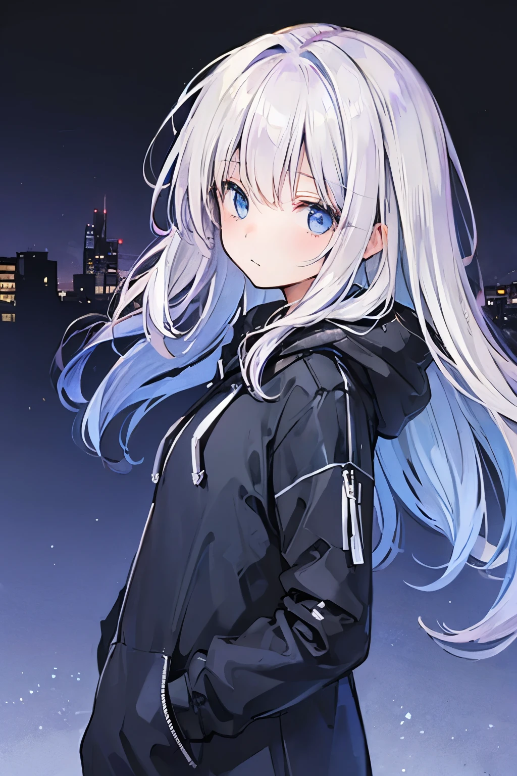 Girl. Ombré hair dark brown down to full dark purple. Dark blue eyes. Dark purple hoodie, hood down. Nighttime city background.