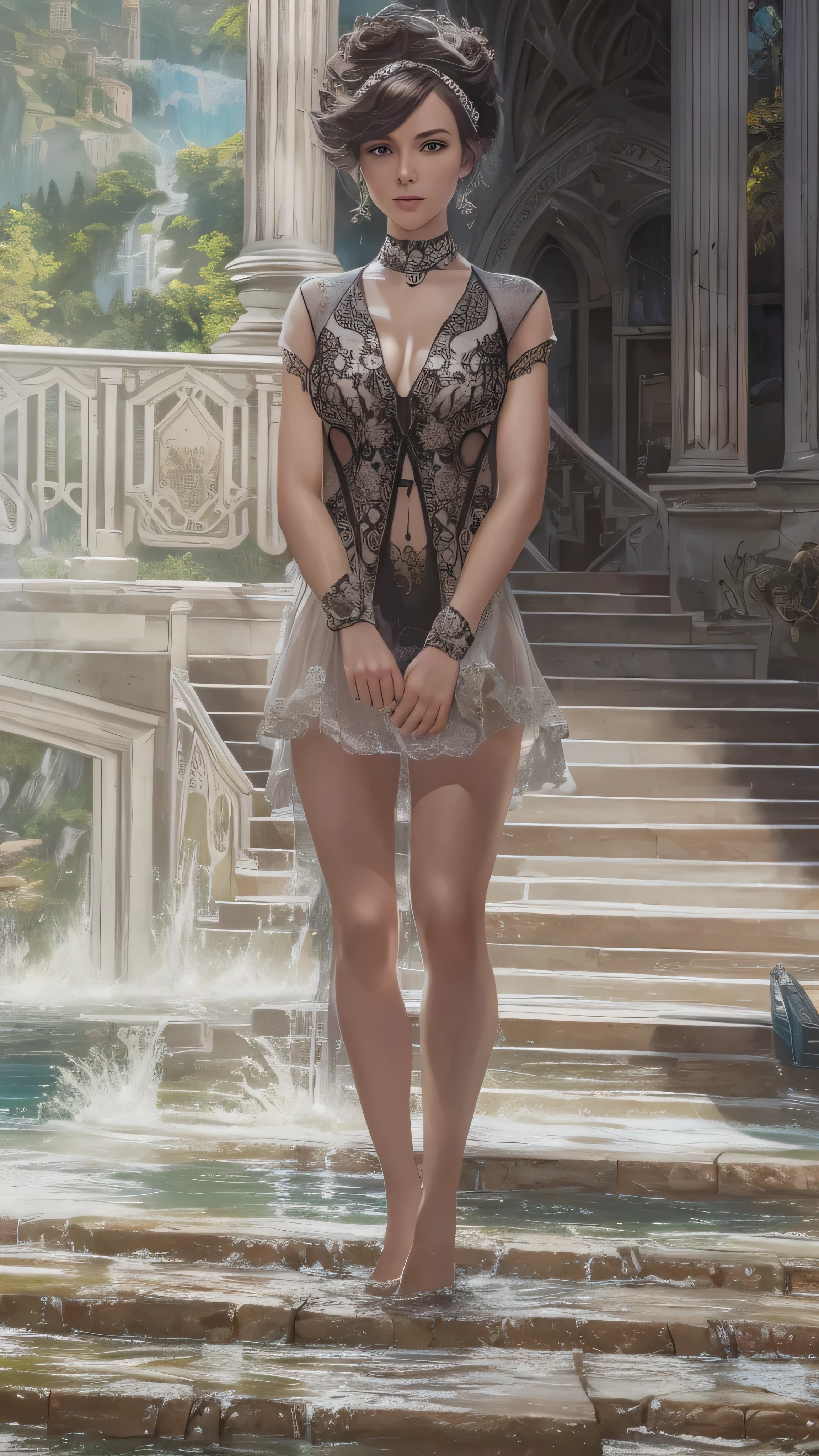 a woman standing on a ledge with a city in the background, smiley face smile on face, huge breasts, hot body curves, beautiful flowers, wearing skirt, girl standing on mountain, amazing view, city in the background, view(full body + zoomed out), beautiful view, city background, bottom viev, big booty, with a city in the background, gorgeous view, giant stunning goddess shot