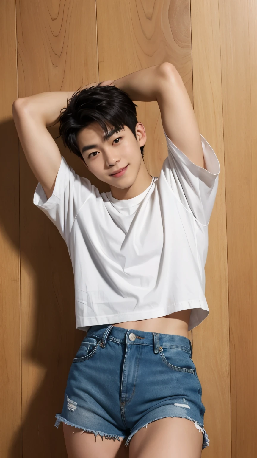 Japanese 18 year old boy
cute smile
Tanned and wheat-colored
sexy eyes
white t-shirt
denim shorts
Emphasize the crotch
Cross your arms behind your head
The shirt is turned over and I can see my belly button
It's showing up to the knee