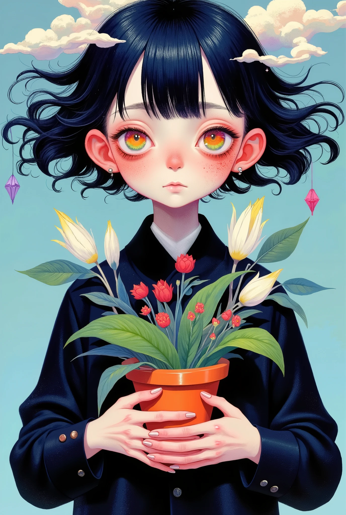 1 boy, big orange eyes,Circle,food,Kaneko, of clothes ,Kanekoen hair,Short hair, and watch the audience gently,Replenish, simple background, upper body,, Handsome,Hold a flower pot