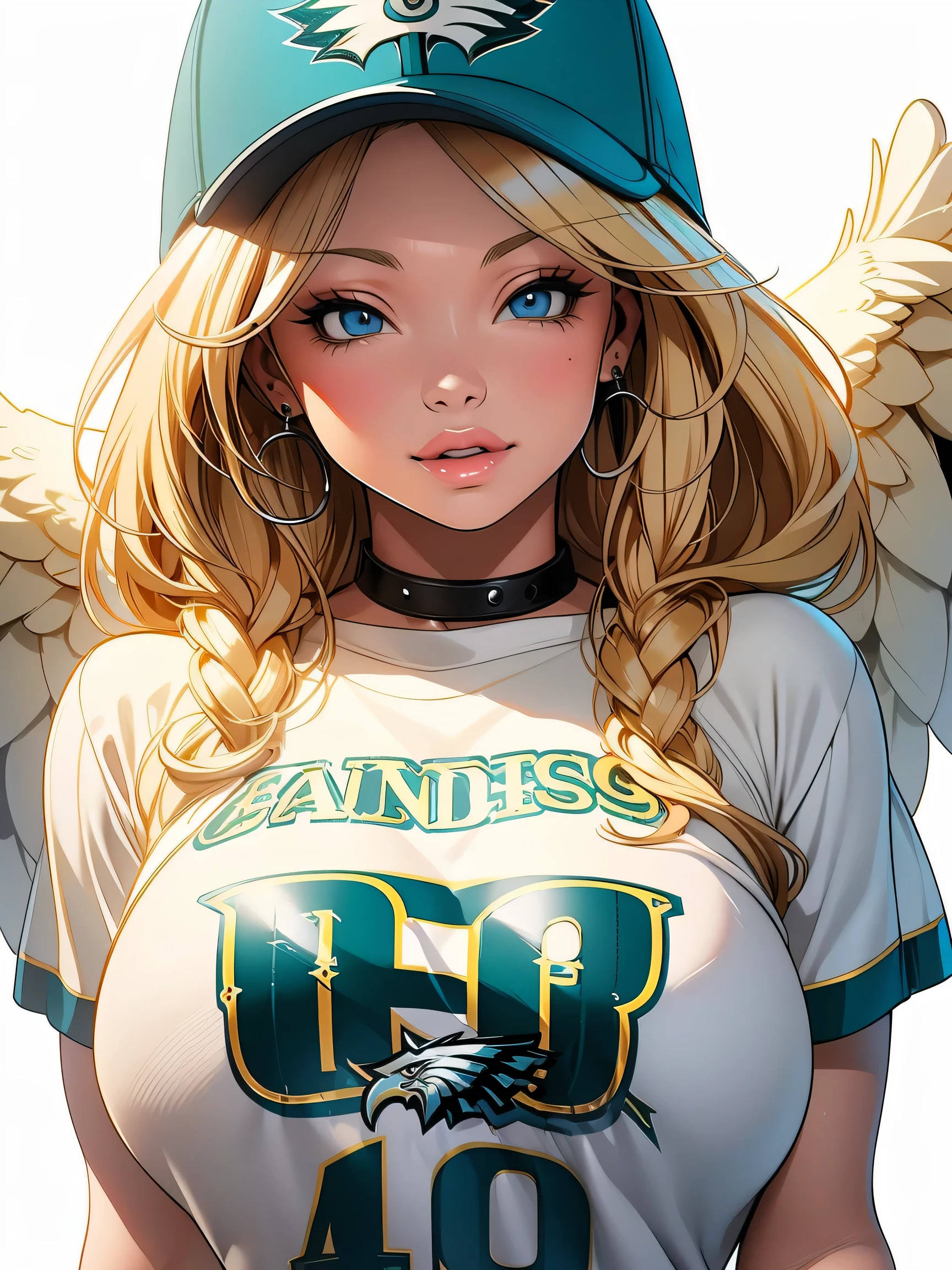 Pamela Anderson huge breasts blonde hair attractive face parted lips thick lips wearing Philadelphia eagles shirt, (((druuna style))) gigantic