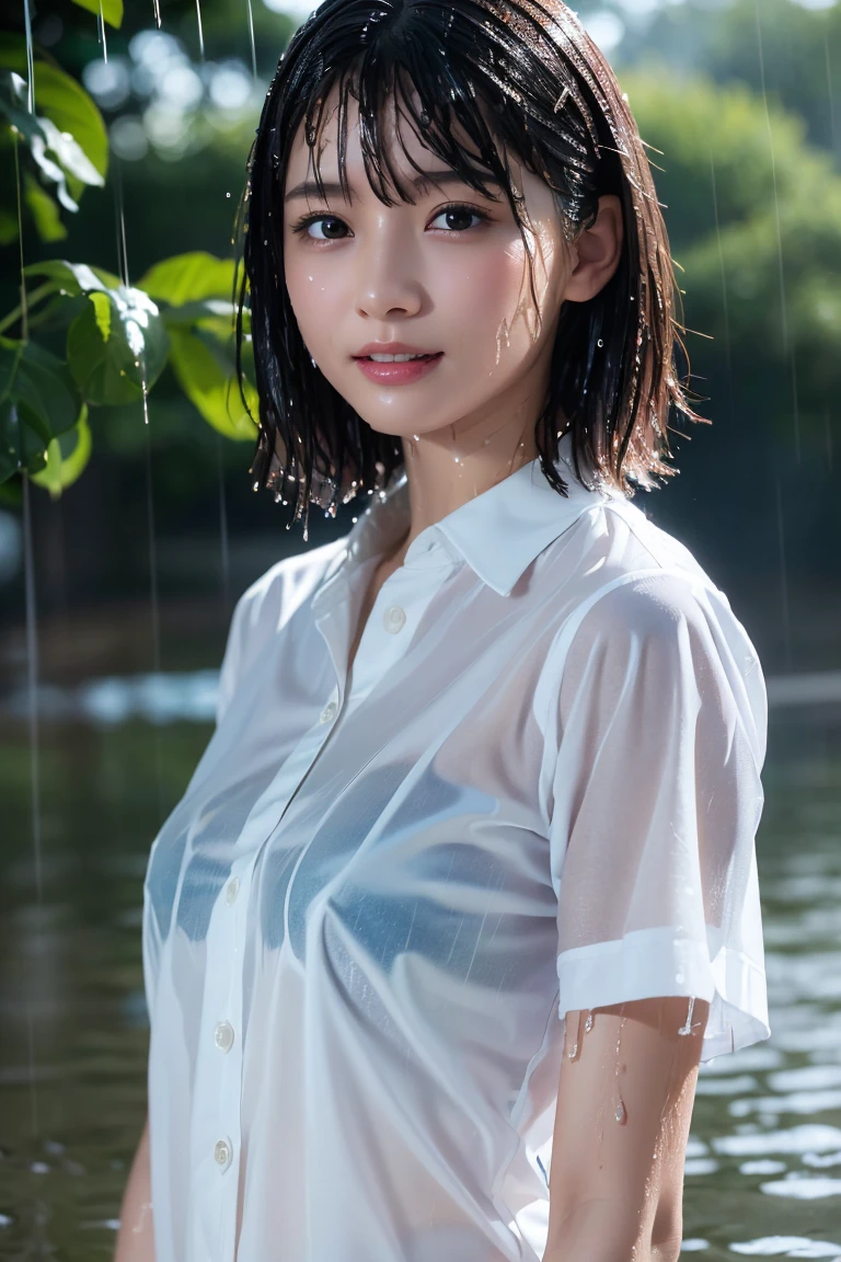 (8k, RAW Photos,Highest quality, High resolution:1.1), (Ultra-realistic:1.4),(Realistic, Realistic:1.3),The Beauty of Japan、Rainy Sky、((smile:1.3))、Soaking wet、Panties(Mint green:1.3), (Wet shirt、See-through:1.2)