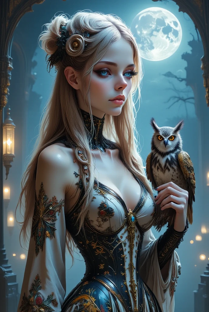 (beste-Qualit, tmasterpiece), (portraite of a, Young woman and owl), the pose, particle, the wind, flower, upper-body, Night Eclipse Background, looking a viewer, Long straight blonde hair, detailed blue eyes, Medieval blue princess dress, galaxy, back light, rimlight, A beautiful work of art, Perfect composition