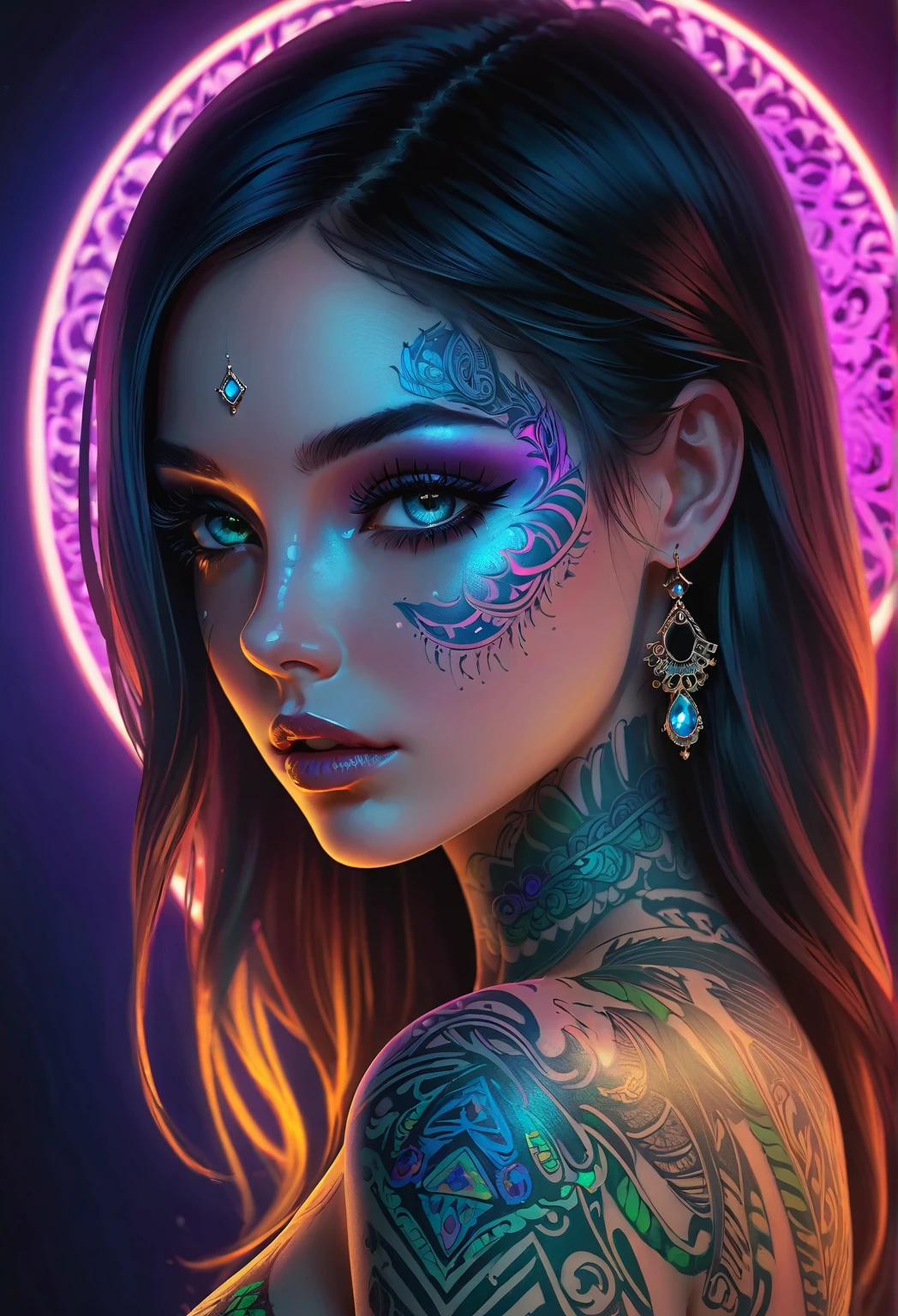Black light art,Luminescent tattoo,A princess,intricate geometry, Colorful blur, (Sharp eyeliner, eye shadows, 詳細な目:1.1)。shadows and highlights,subtle reflections,charming body,dark temptation,The beauty of tattoos,neonlight,Enchanting fantasy。(Best quality at best,4K,8K,A high resolution,tmasterpiece:1.2),ultra - detailed,(actual,realisticlying,Photorealistic:1.37)。