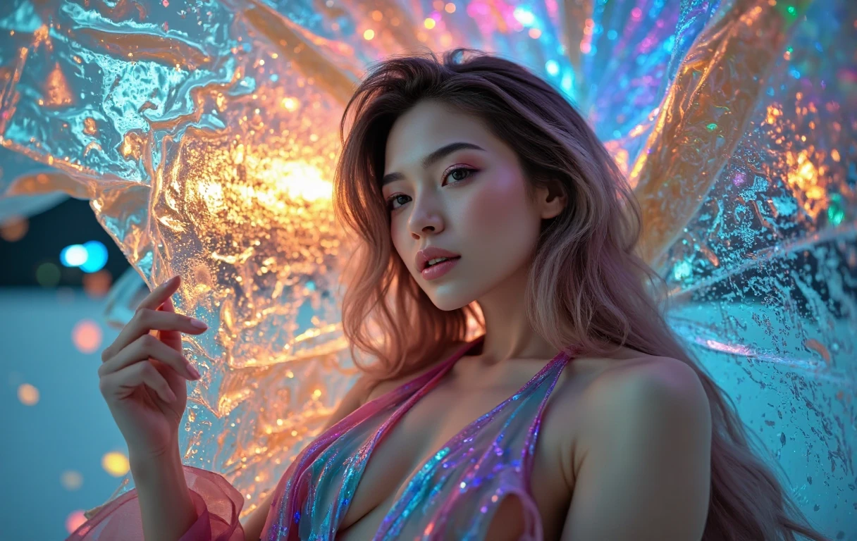 beautiful 30 years old woman's face illuminated by colored lights photorealistic background bright colors Luminous neon pink and neon blue glitter dust background with pink and blue smoke vapor, Jennie kim, medium full shot, valoptuous, curvy, big_chest