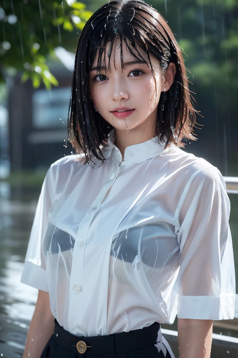 ((Highest quality, 8K, masterpiece:1.3)), concentrated: 1.2, Perfect Body Beauty: 1.4, Hips: 1.2, ((Layered Haircut, chest: 1.2)), (Wet clothes: 1.1), (rain, street:1.3), Bandeau dress: 1.1, Highly detailed face and skin texture, Beautiful Eyes, double eyelid, Whitening skin, Long Hair, (shut up: 1.3), smile