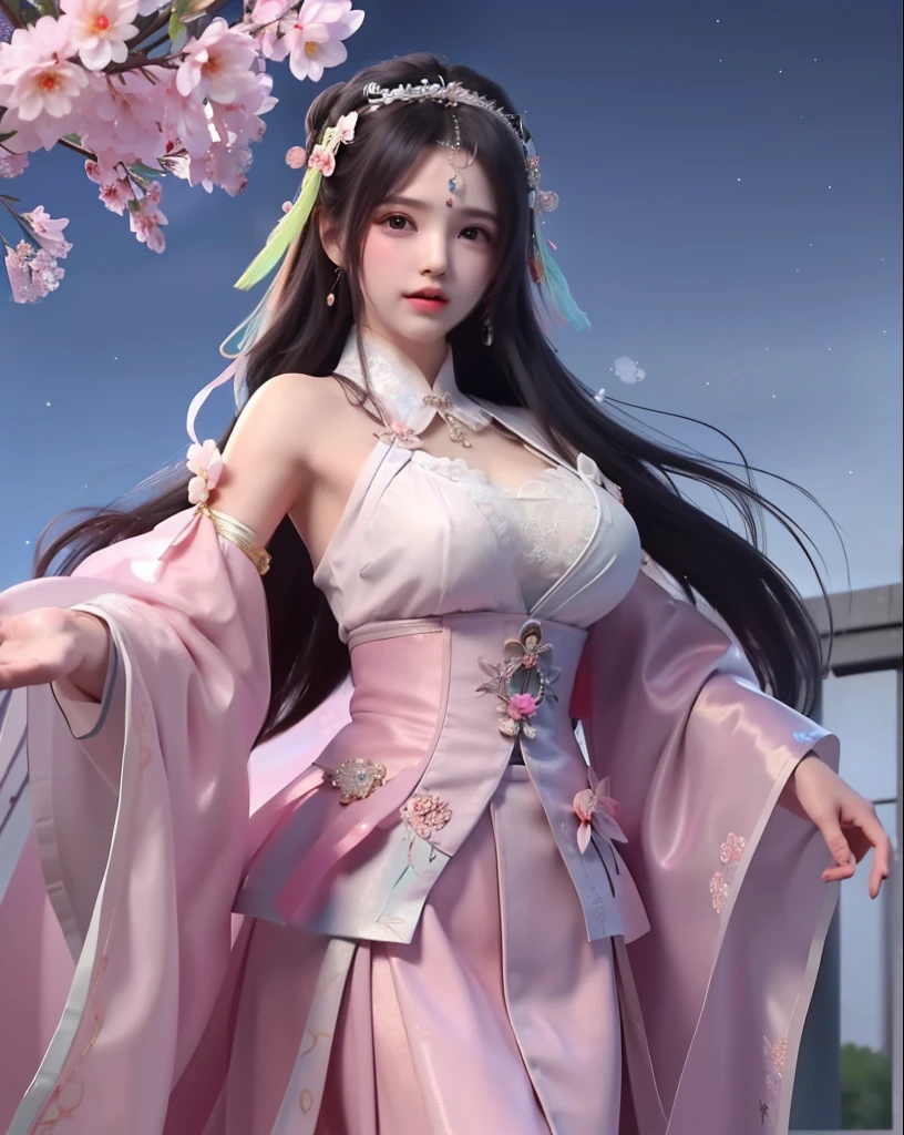 (8k, RAW photo:1.2), best quality, ultra high res,dramatic angle,(fluttered detailed color splashs), (illustration),(((1 girl))),(long hair),(rain:0.9), (Headdress:1.4),There is an ancient palace beside the girl,Hanfu,(Key Points),Color ink painting,(Splash of Color),Splash of Color,(((colorful))),(sketch:0.8) , Masterpiece, best quality, beautiful painted, highly detailed,(denoising:0.6),[splash ink],((ink refraction)), (beautiful detailed sky),moon,highly,detaild,(masterpiece, best quality, extremely detailed） CG Unity 8k Wallpaper，masterpiece，best quality，Ultra Detailed），（Lycoris）. hanfu open v   open V-chested clothes Thin silk lace dress , (huge ，cleavage),, white pink, blue ，best qualtiy，tmasterpiece，Ultra-high resolution，（Reality：1.4），RAW photogr，（True skin texture：1.3），（filmgrain：1.3），（Selfie angle），1个Giant Breast Girl，Beautiful eye and face details，tmasterpiece，Best quality at best，，The chest more exposed， detailed hair, bra pink , detail 8k, upper body, lace petticoat