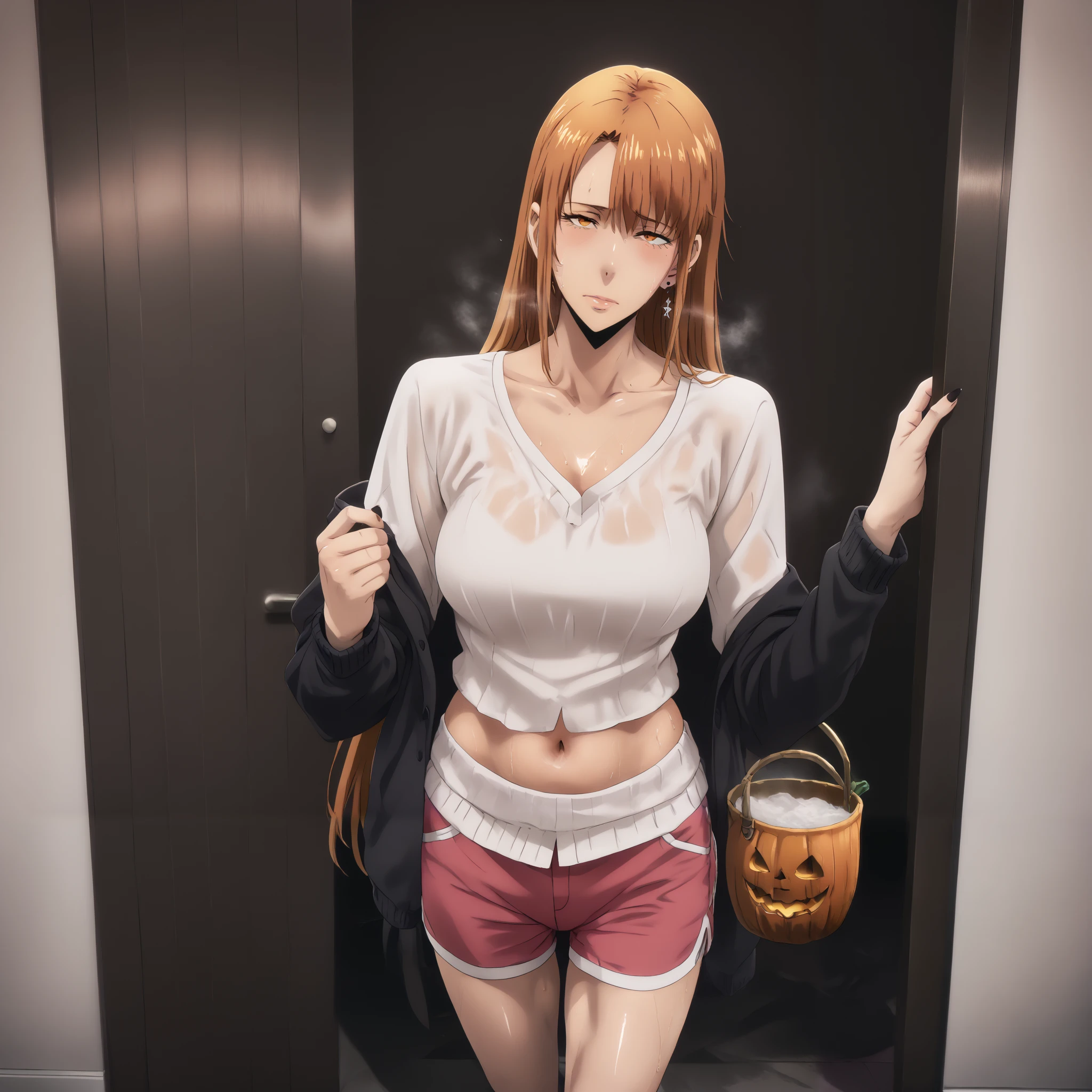 hero neisan style, score_9, score_8_up, score_7_up, score_6_up, uncensored, Yuuki Asuna \(sword art online\), absurdly long hair, orange eyes, orange hair, very long hair, anime coloring, anime screencap, shiny skin, (voluptuous:1.3), (thick:1.3), BREAK UHD, retina, masterpiece, accurate, anatomically correct, textured skin, super detail, high details, high quality, award winning, best quality, highres, 4K, black nails, makeup, eyelashes, excessive sweating, sweating, sweating drop, (gasping, heavy breathing:1.3), (skindentation:1.2), perfect eyes, beautiful eyes, eyelashes, makeup, detailed body, perfect body, BREAK, 1girl, solo, breasts, halloween, navel, sweatdrop, looking_at_viewer, jewelry, earrings, halloween_costume, large_breasts, closed_mouth, collarbone, bucket, doorway, standing, heavy breathing, gasping, sweating, excessive sweating, sweating drop, plump, seductive sweating, half-closed eyes, BREAK COSTUME, white shirt, long sleeves, black cardigan, dolphin shorts, short shorts, pink shorts, midriff peek, thigh belt, at bedroom,