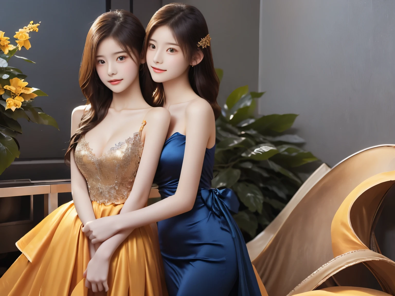Two Girls, length_hair, bright_hair_color, Fascinating_eye, mysterious_Performance, Mature Woman_exterior, glamorous_Costume, Flowing_dress, elegant_jewelry, complicated_Decoration, magic_symbol, Shine_accessories, Portion, Scroll, cute_accent, bow, ribbon, Flowers,A tiny bit of cleavage is visible,sexy,Chest close-up