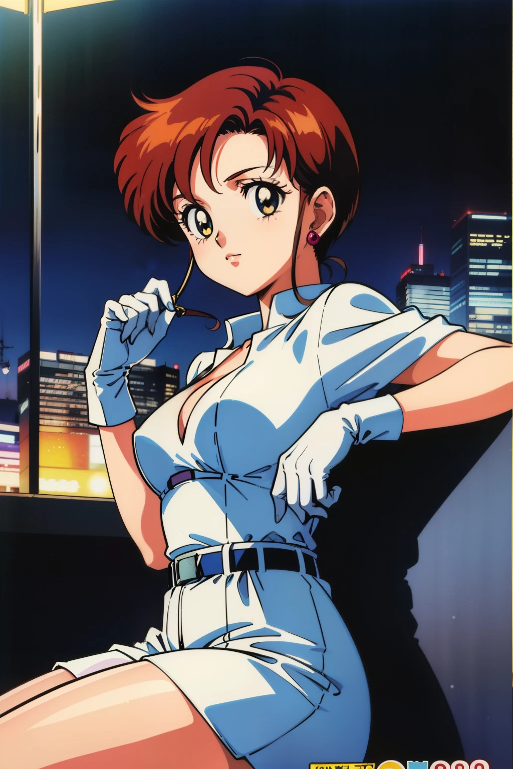 (masterpiece, best quality), 1girl, Red Velvet Short Spiky Hair with High Fade, Size F breasts, <lora:EPTakeuchiNaokoStyle:0.8> EPTakeuchiNaokoStyle, 1990s \(style\), anime screencap, retro artstyle, anime coloring, traditional media