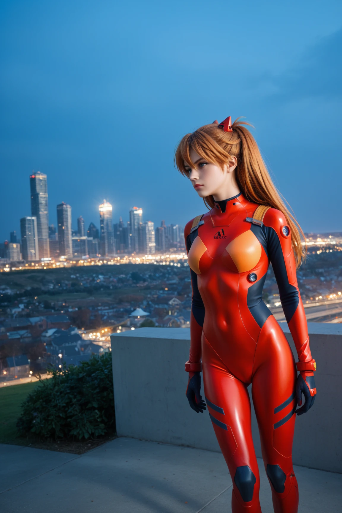 (masterpiece, best quality, detailed), 1girl, solo, outdoors, full body, night, cityscape, rooftop, railing, standing,
souryuu asuka langley, interface headset, two-toned bodysuit, eyepatch