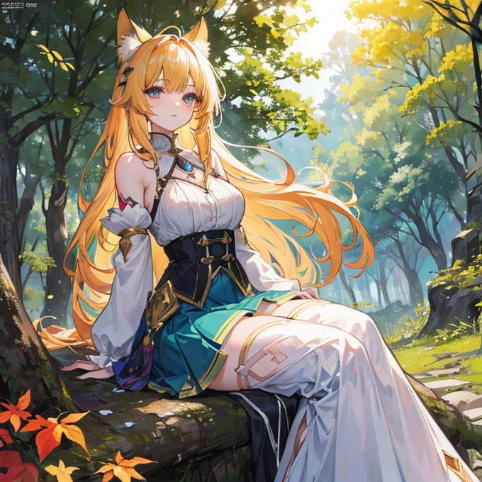 masterpiece, best quality, ultra-detailed, illustration, epic lighting, cinematic composition, 1girl, ceres_fauna, medium breasts, white hair, braid, braided bangs, yellow eyes, cleavage, single braid, fox ears, jewelry, anklet, hair flower, multicolored hair, long hair, hair ornament, green flower, streaked hair, earrings, white thighhighs, bow, wide sleeves, leaf, blue dress, horns, cowboy shot, looking at viewer, outdoors, nature, simple background, arms behind back --auto --s2