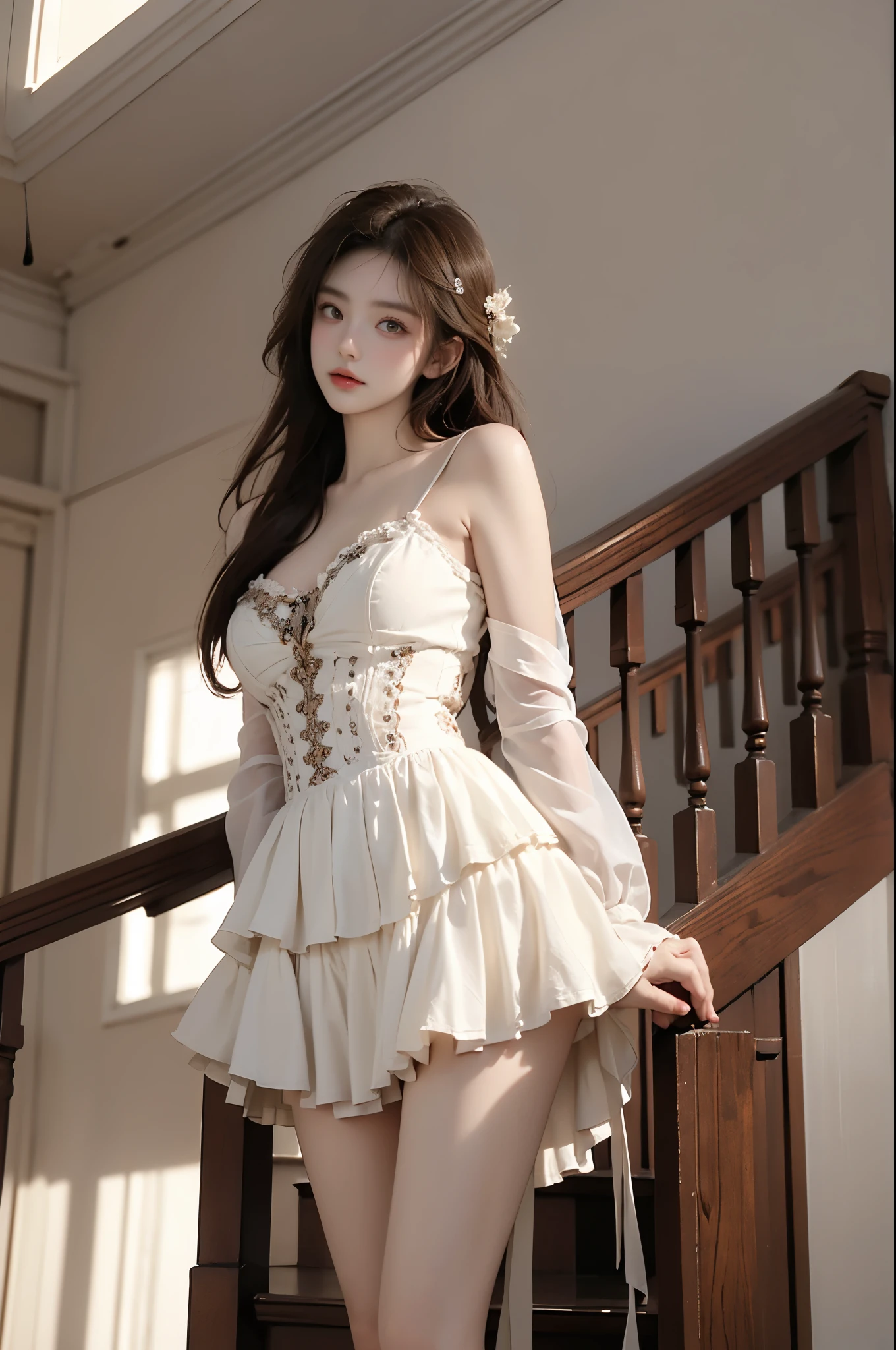 dark dress ,, (from below:1.3), (cowboy shot:1.3) hyperrealistic photography of a beautiful asian fashion model, perfect body proportions, long slender legs, (Full chest, obvious cleavage, very short hemline, fingers elegantly fluttering hemline), (standing pose:1.2), leaning against staircase railing, one leg straight, other leg slightly bent at knee, elegant leg posture, high heels closer to camera, professionally lit fashion photoshoot, low angle shot, blue sky with white clouds, 8k uhd, masterful composition, photorealistic, detailed face features, glossy long hair, soft natural makeup, detailed skin texture, professional lighting, sharp focus, high end fashion magazine style, ultra detaile