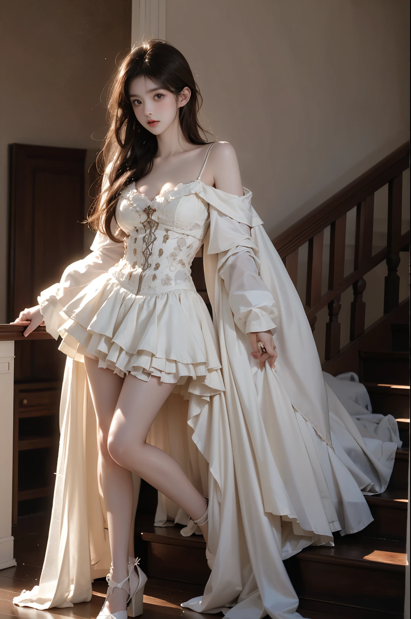 dark dress ,, (from below:1.3), (cowboy shot:1.3) hyperrealistic photography of a beautiful asian fashion model, perfect body proportions, long slender legs, (Full chest, obvious cleavage, very short hemline, fingers elegantly fluttering hemline), (standing pose:1.2), leaning against staircase railing, one leg straight, other leg slightly bent at knee, elegant leg posture, high heels closer to camera, professionally lit fashion photoshoot, low angle shot, blue sky with white clouds, 8k uhd, masterful composition, photorealistic, detailed face features, glossy long hair, soft natural makeup, detailed skin texture, professional lighting, sharp focus, high end fashion magazine style, ultra detaile