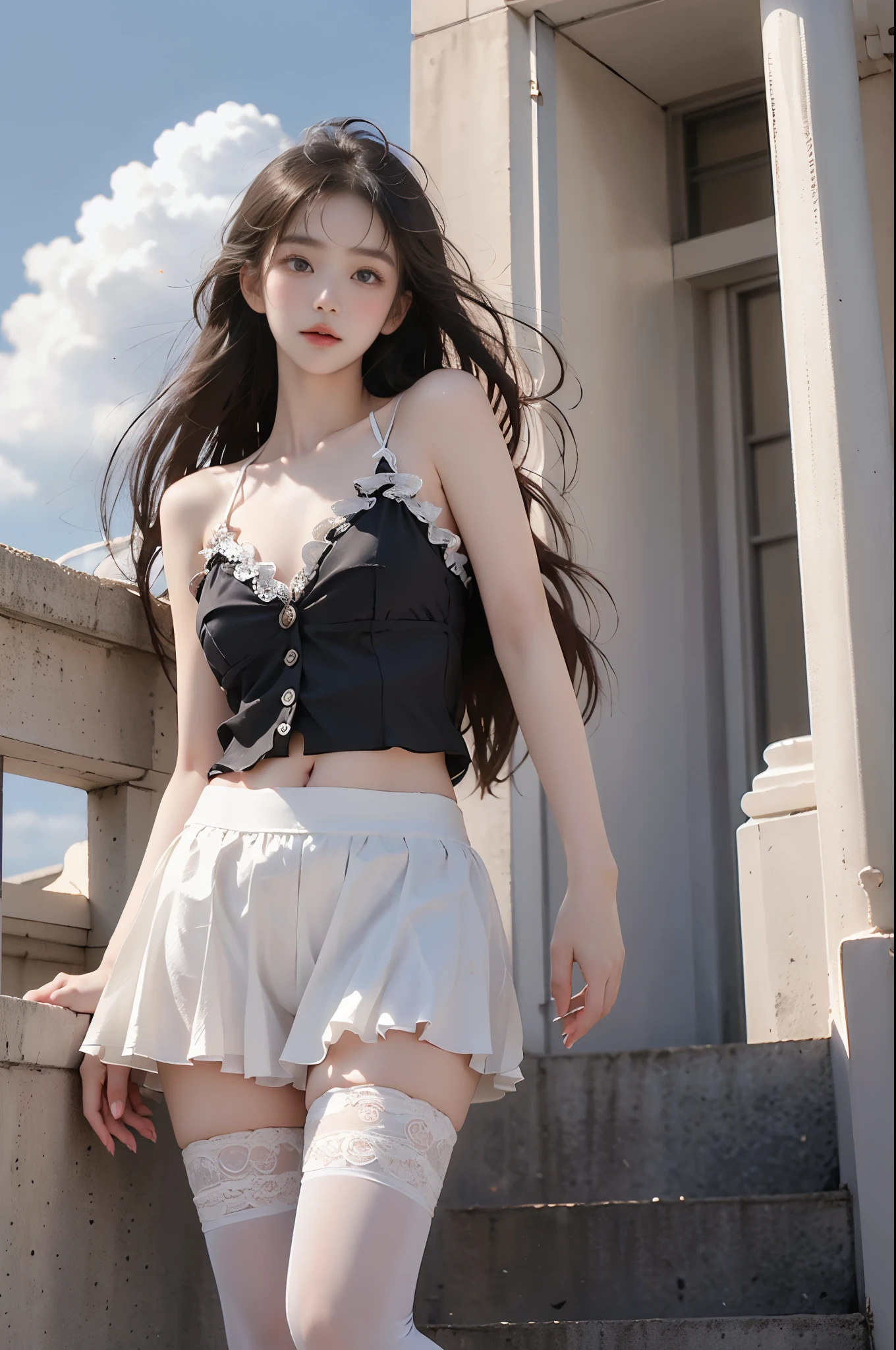One adult woman in a Japan with a faint smile lying on a white bed on a light white background wearing a white blouse, thin ribbon tie on the collar, white bra with ruffles, panties with ruffles, plain white silk ankle-length socks, black pumps