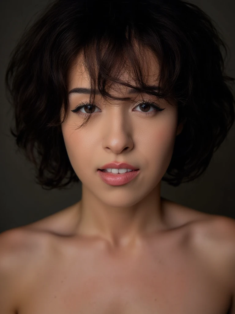Vanessa Hudgens with short hair in an urban art museum completely naked and smiling
