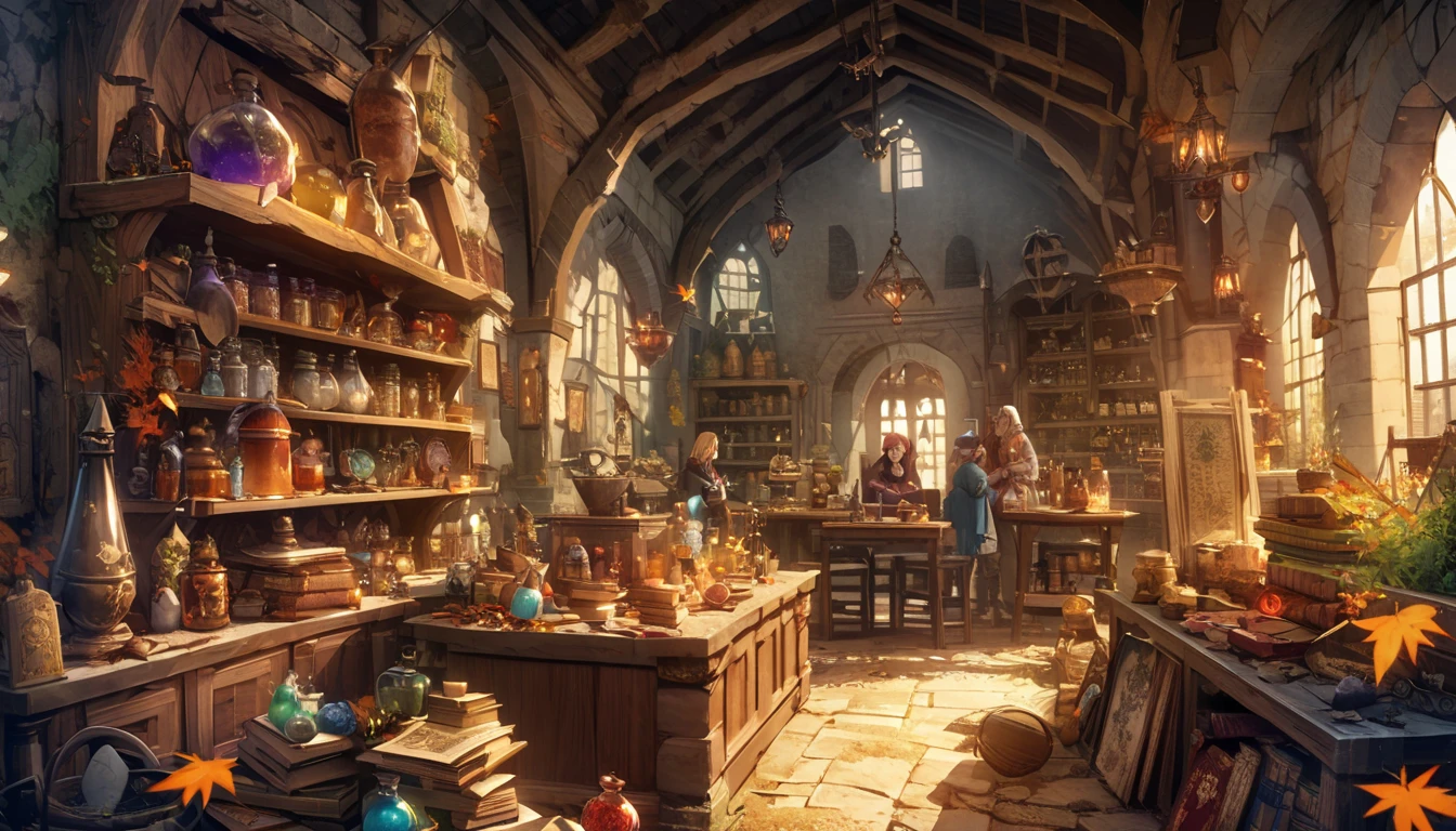 (absurdres, highres, ultra detailed, HDR), masterpiece, best quality, legend of mana character in weapon shop staring at the goods, 1 boy