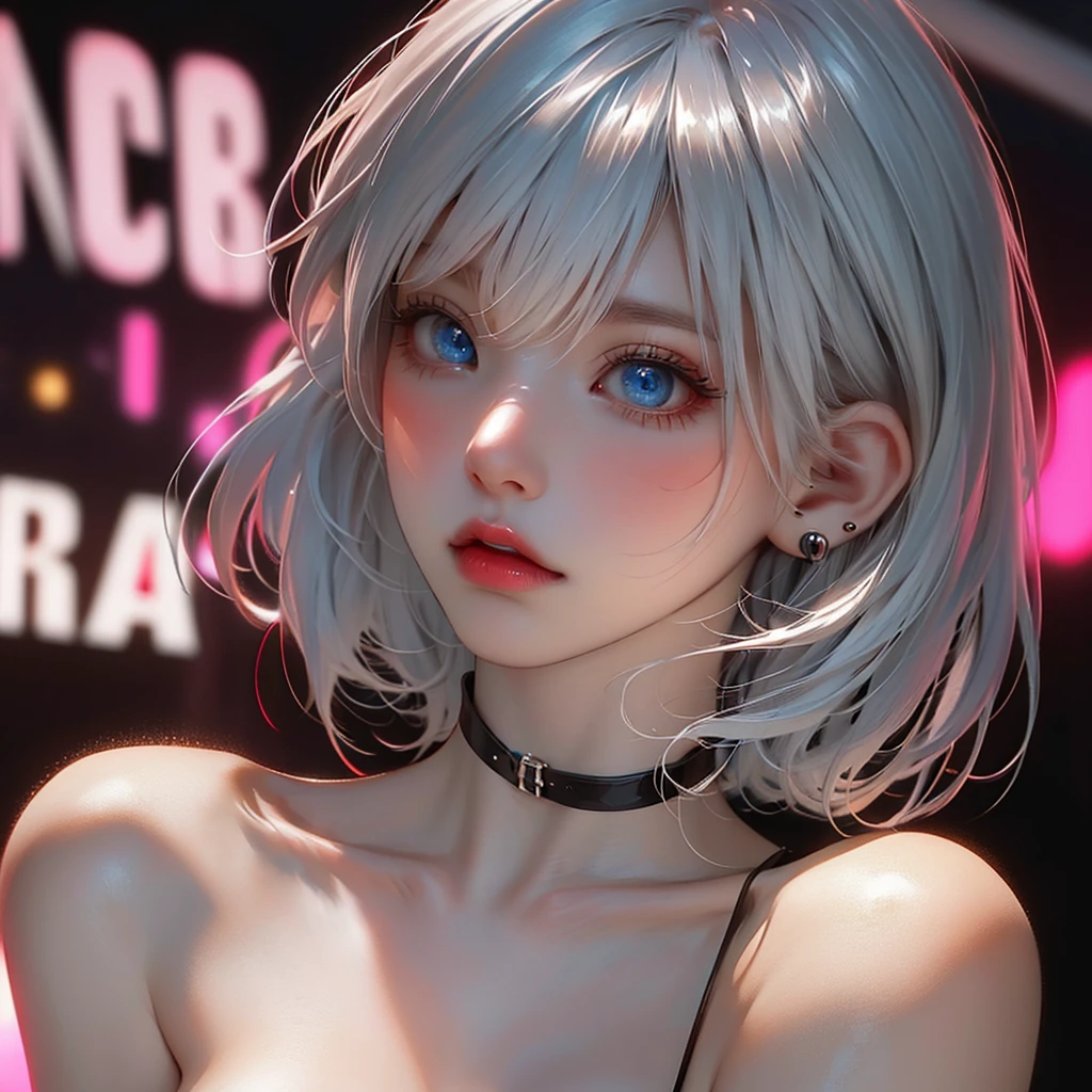 1girl, solo, upper body, looking at viewer, white background, bob cut, short hair, multicolored hair, makeup, parted lips, red lips, eyeliner,
